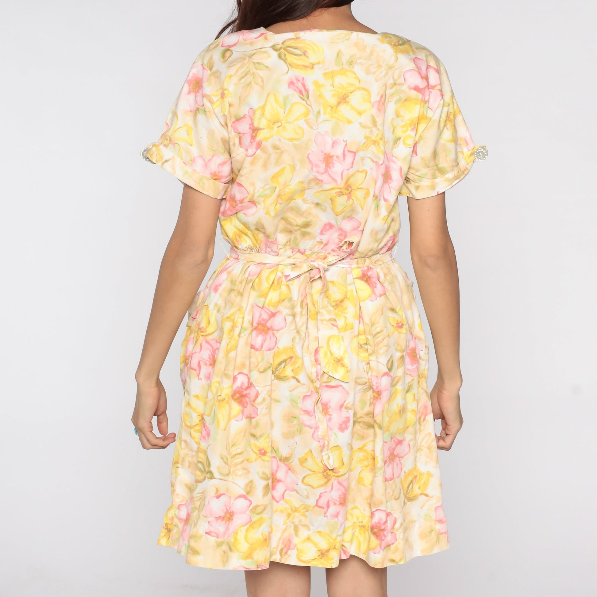 60s Floral Mini Dress Yellow Flower Print High Waist Pleated Medium