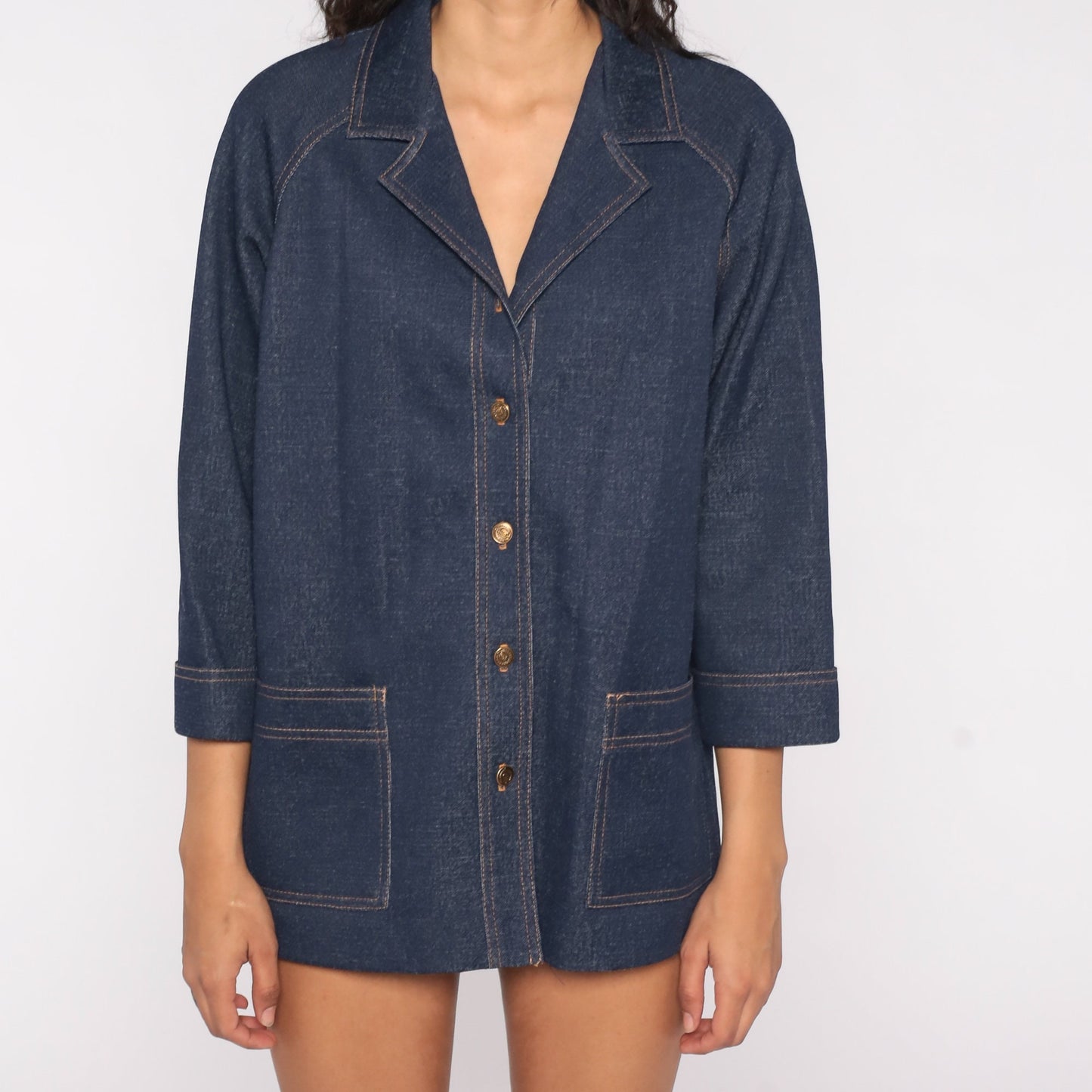 70s Dark Blue Denim-Look Jacket Button Up Raglan Sleeve Medium Large