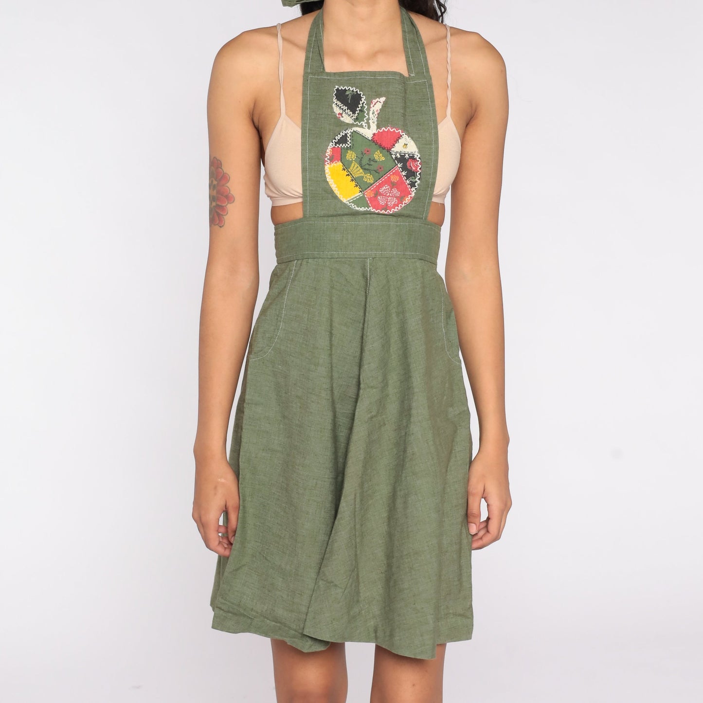 70s Green Patchwork Apple Halter Apron Dress Cotton Extra Small