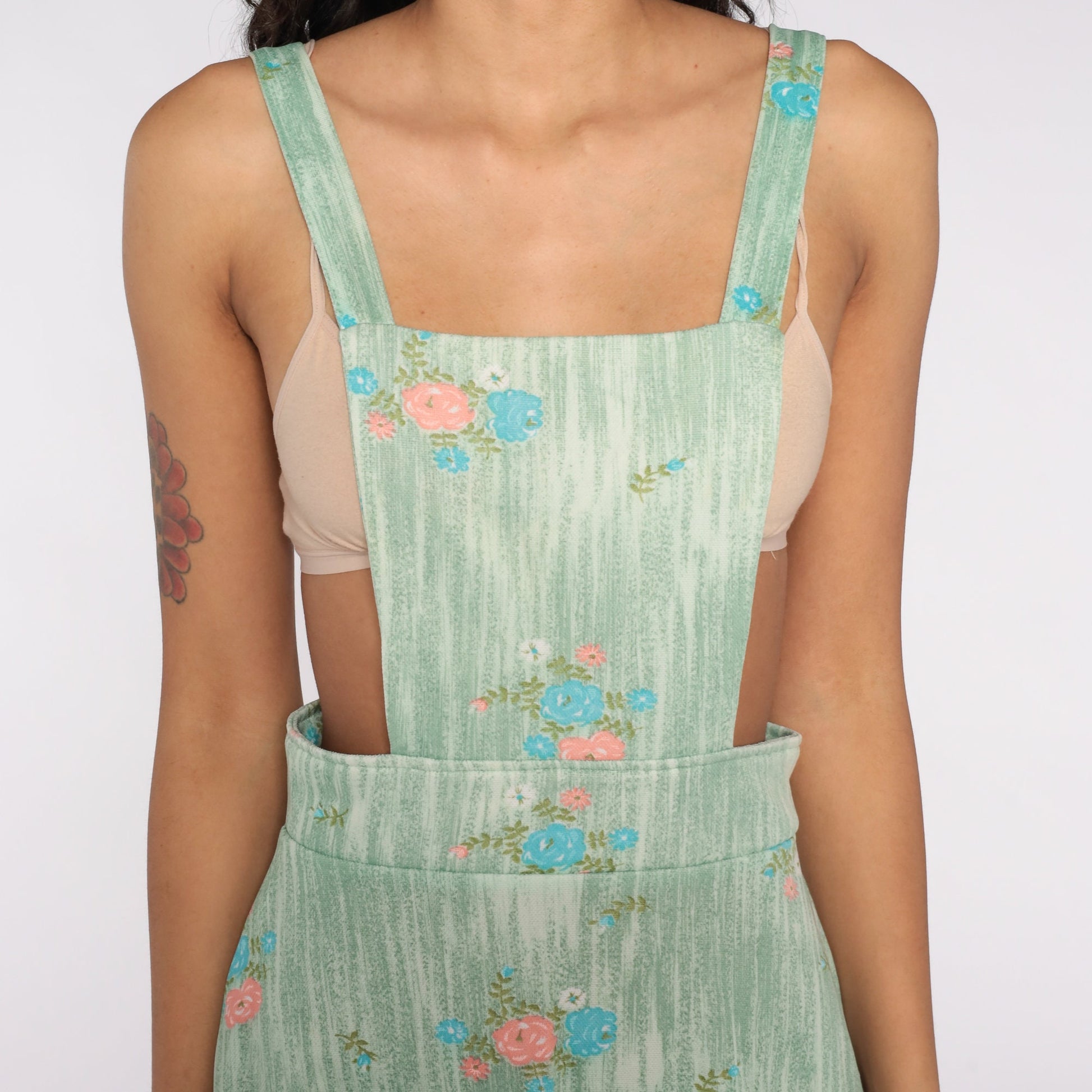 70s Green Floral Apron Dress Midi Pinafore Small