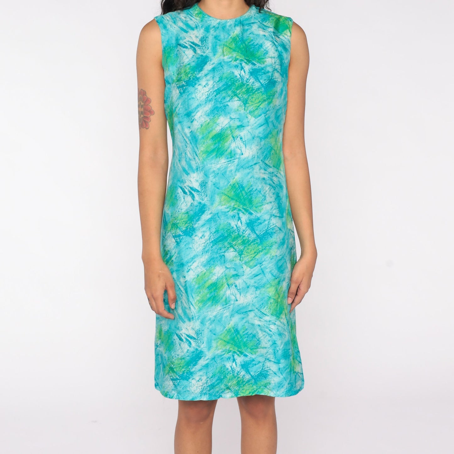 1960s Watercolor Mod Sheath Dress Sleeveless Knee-Length Blue Green Small