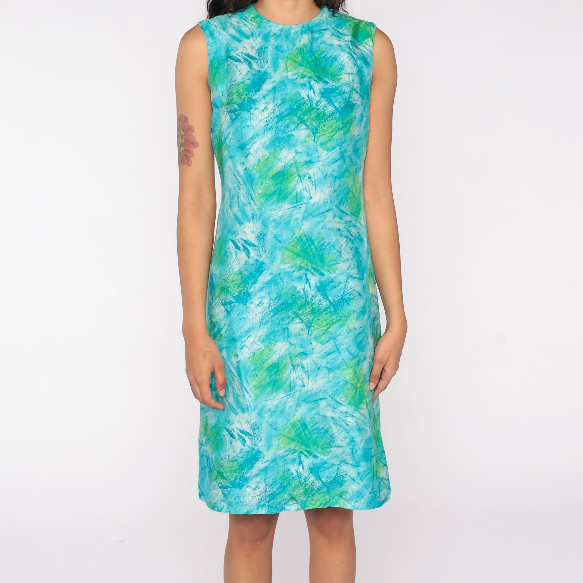 1960s Watercolor Mod Sheath Dress Sleeveless Knee-Length Blue Green Small