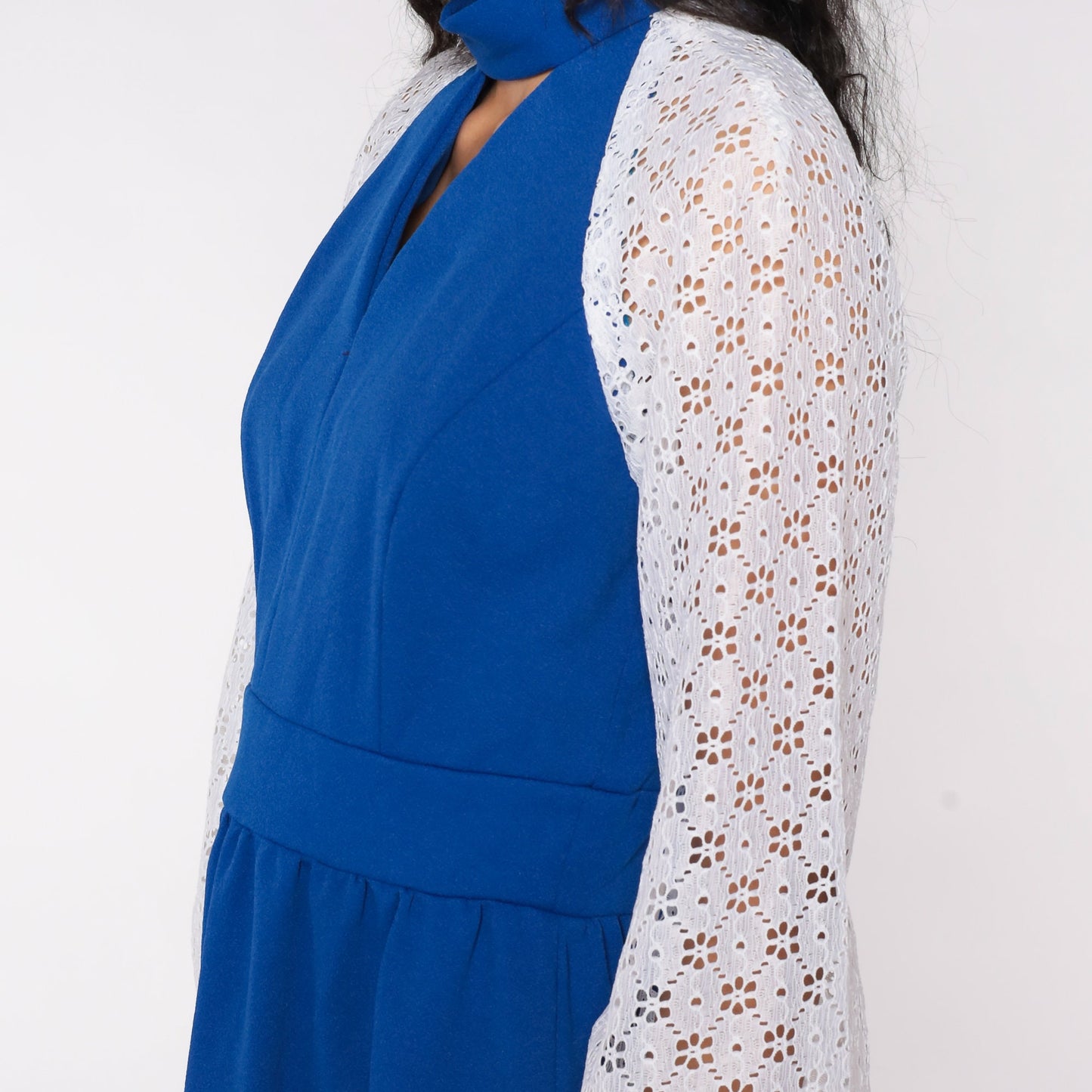 70s Blue Mini Dress Choker Collar Puff Sleeve High Waist Lace Floral Small