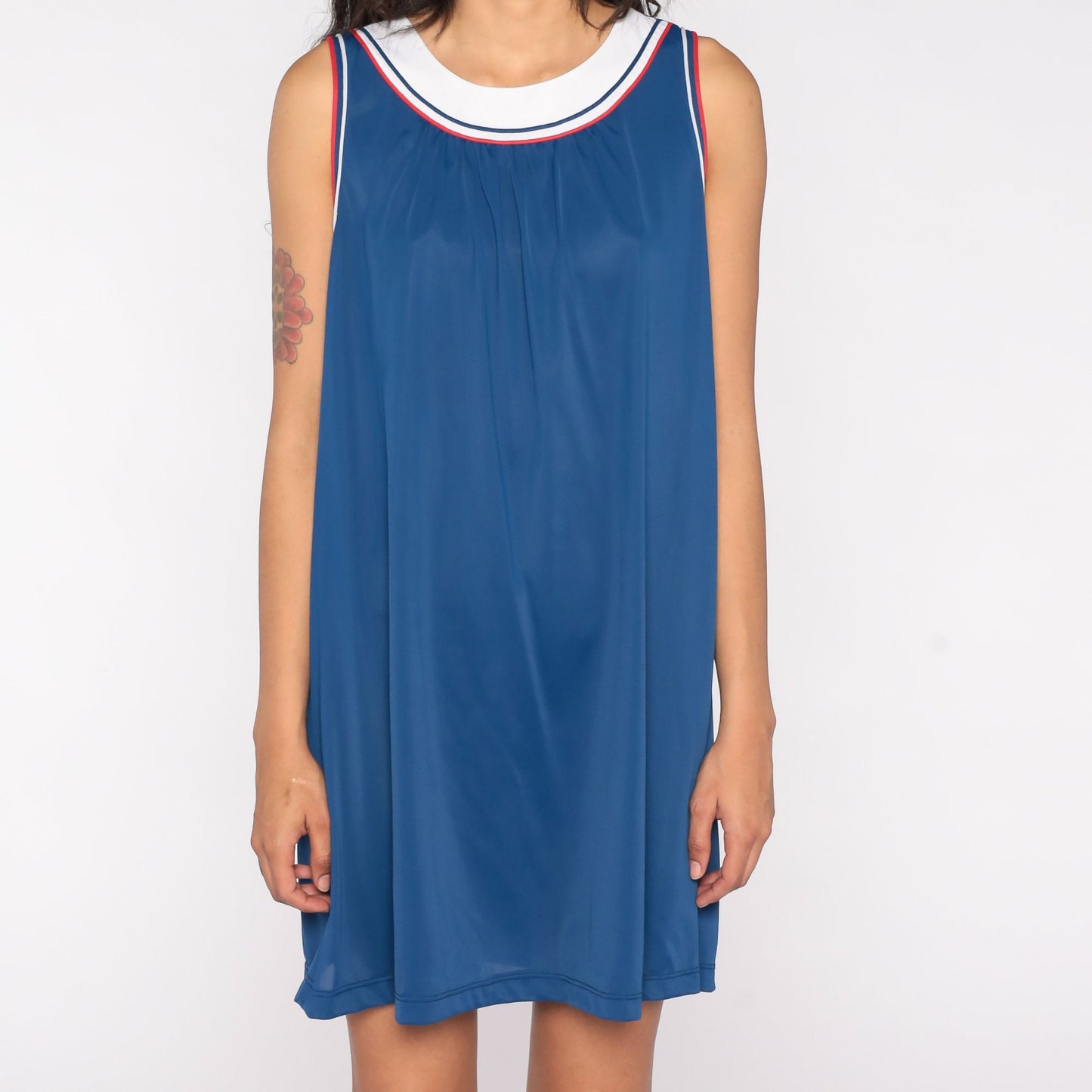 70s Blue Striped Nightgown Sleeveless Mini Lounge Dress Keyhole Back Large
