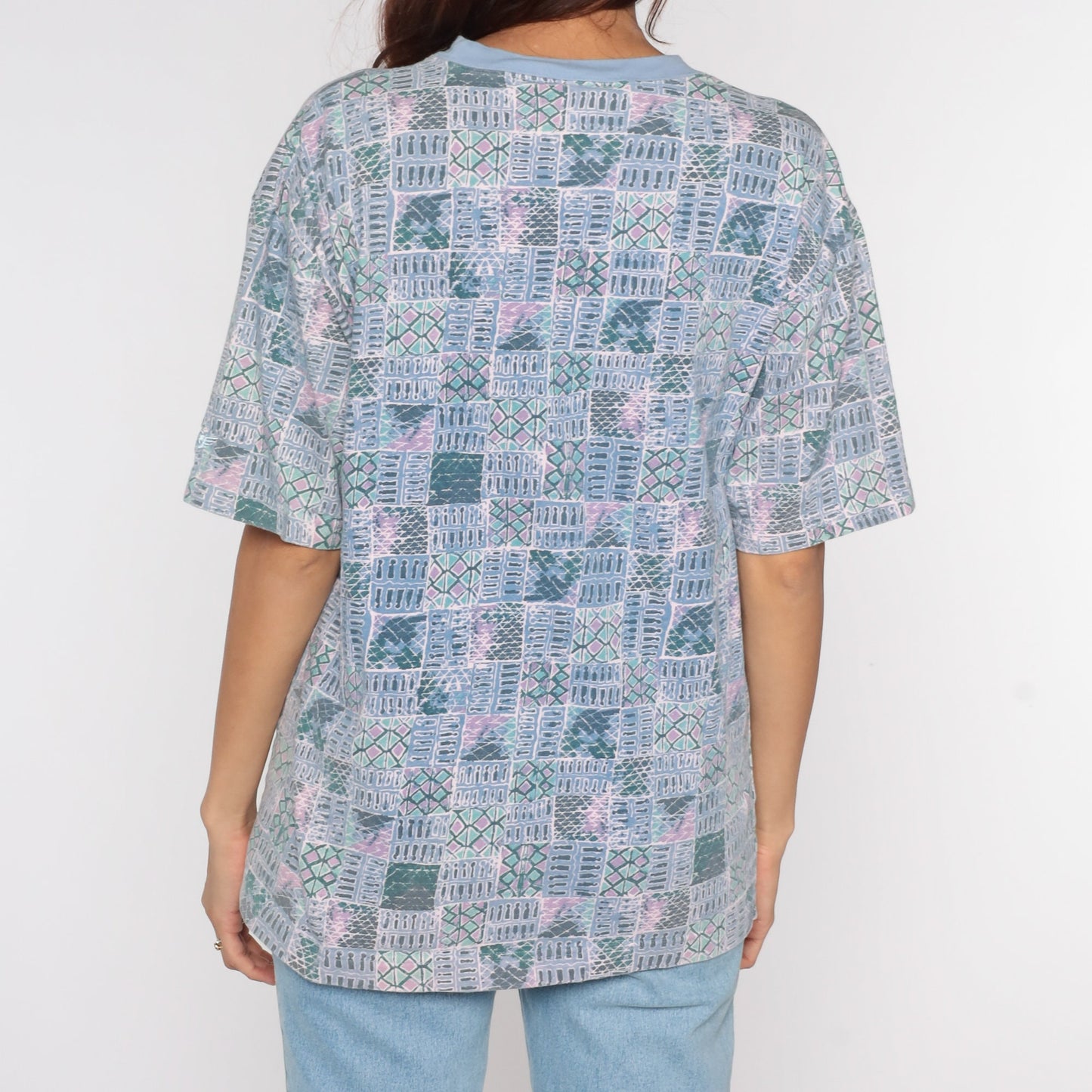 90s Dockers Geometric Patchwork T-Shirt Blue Striped Print Medium M