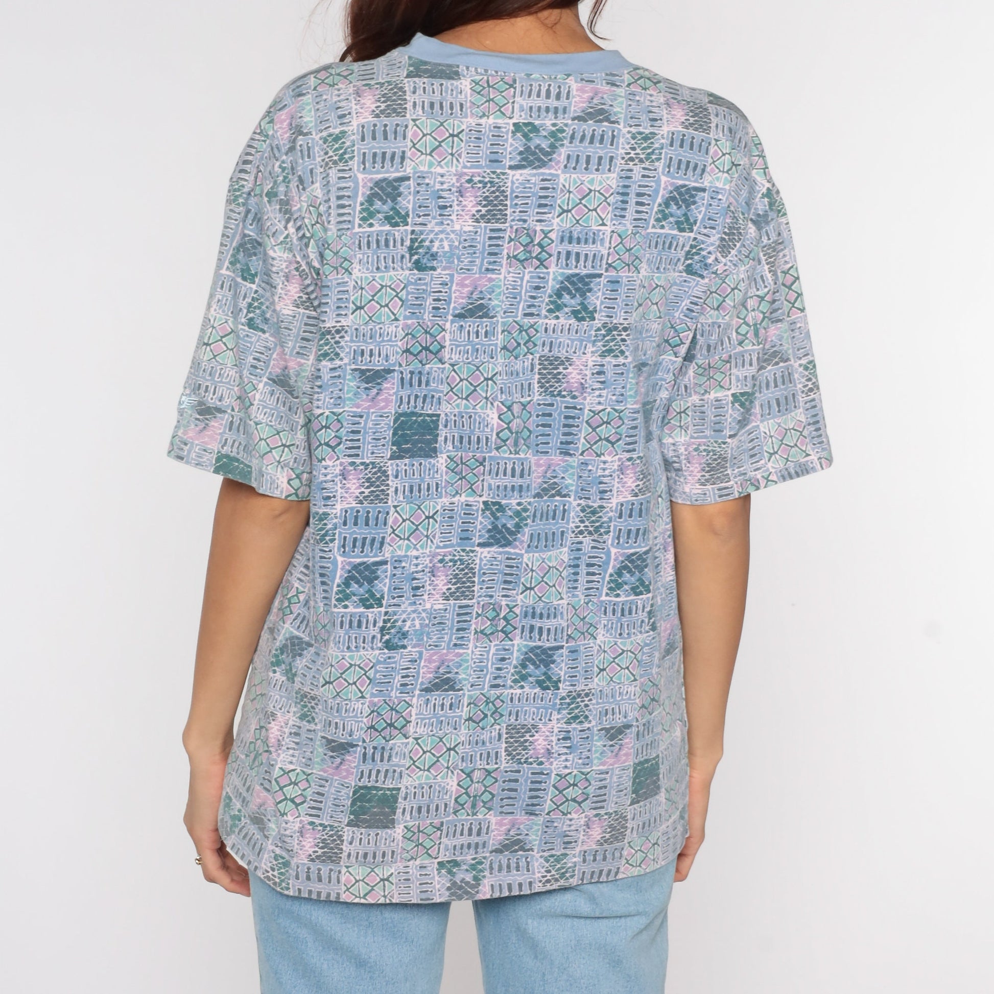 90s Dockers Geometric Patchwork T-Shirt Blue Striped Print Medium M