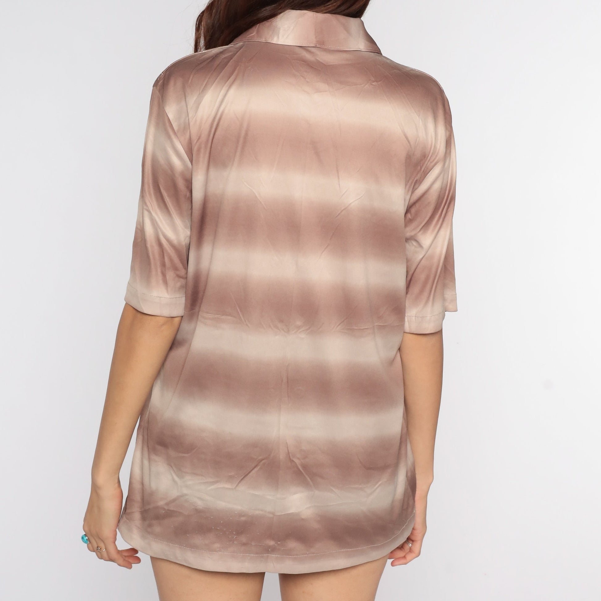 70s Striped Button-Up Shirt Feather Print Disco Collared Blouse Large L