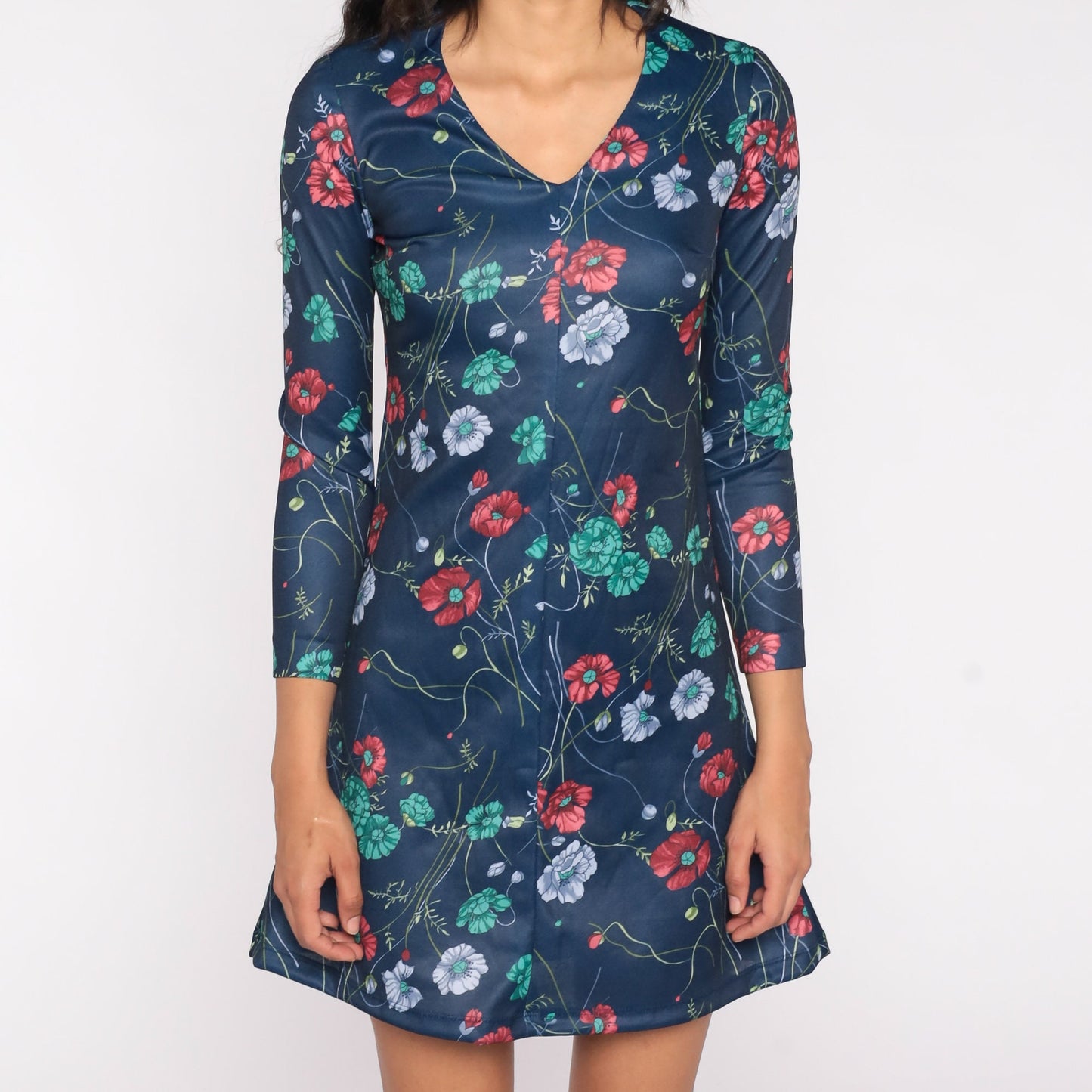 70s Floral Mini Dress Navy Blue V Neck Long Sleeve Shift Small S