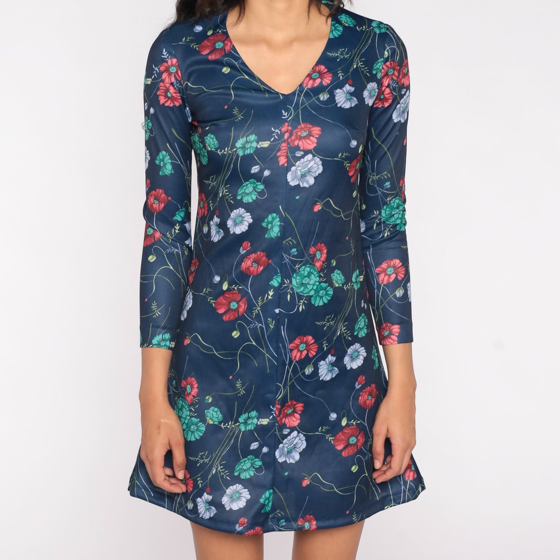 70s Floral Mini Dress Navy Blue V Neck Long Sleeve Shift Small S