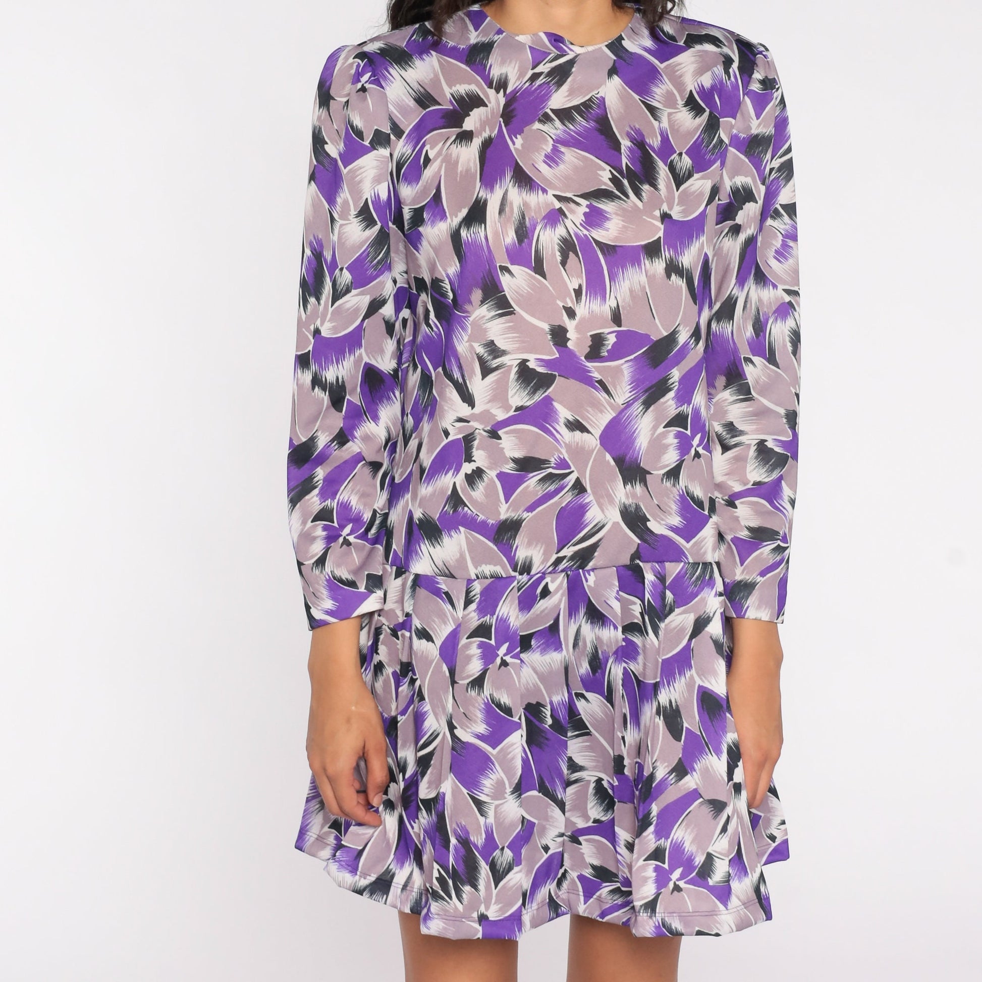 80s Purple Abstract Floral Mini Dress Puff Sleeve Drop Waist Large L