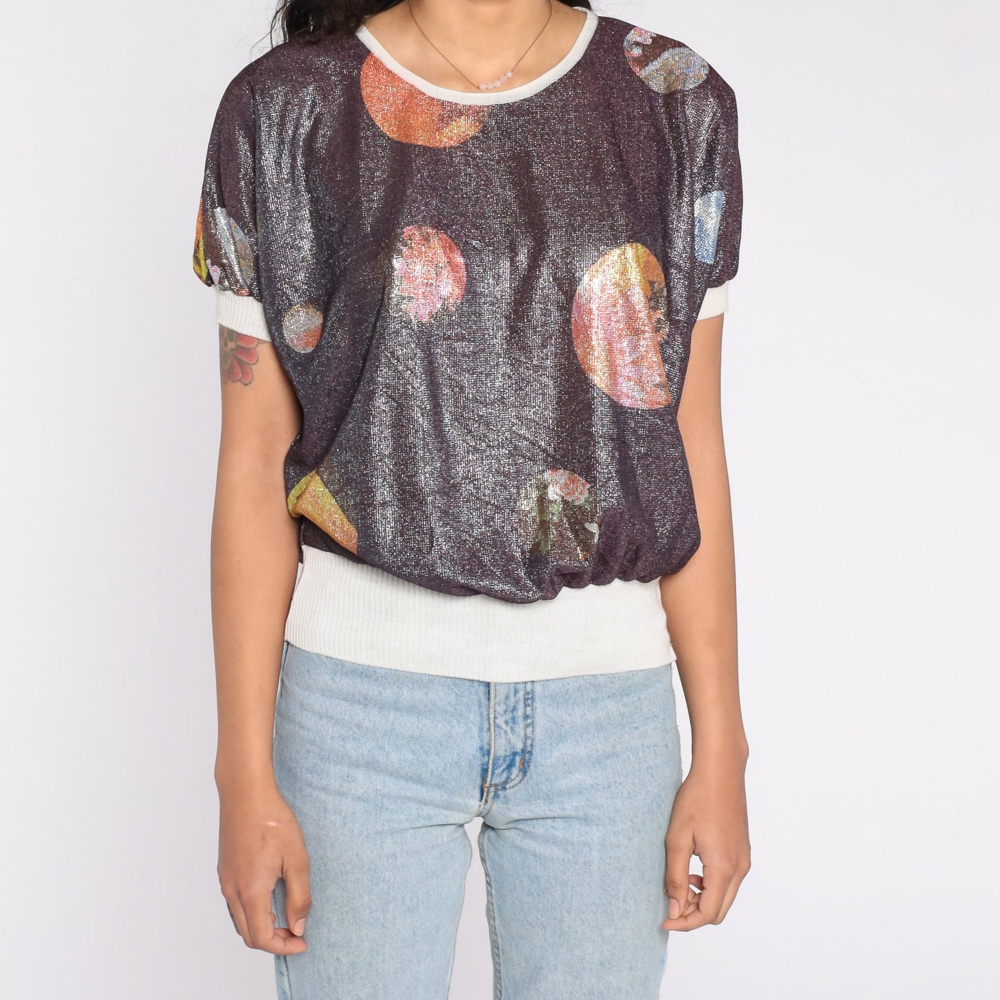00s Metallic Floral Planet Print Short Sleeve Ringer Tee Small S