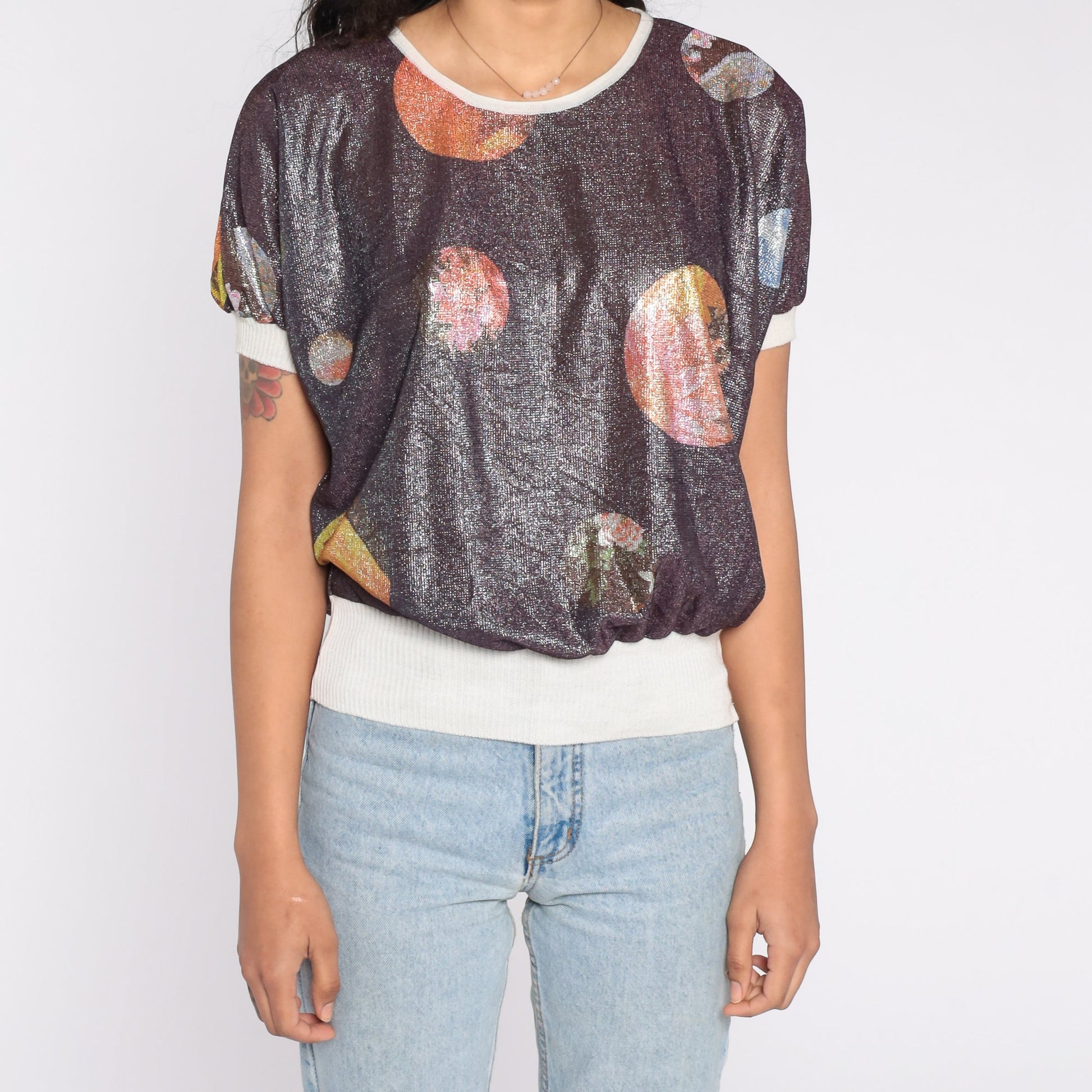 00s Metallic Floral Planet Print Short Sleeve Ringer Tee Small S