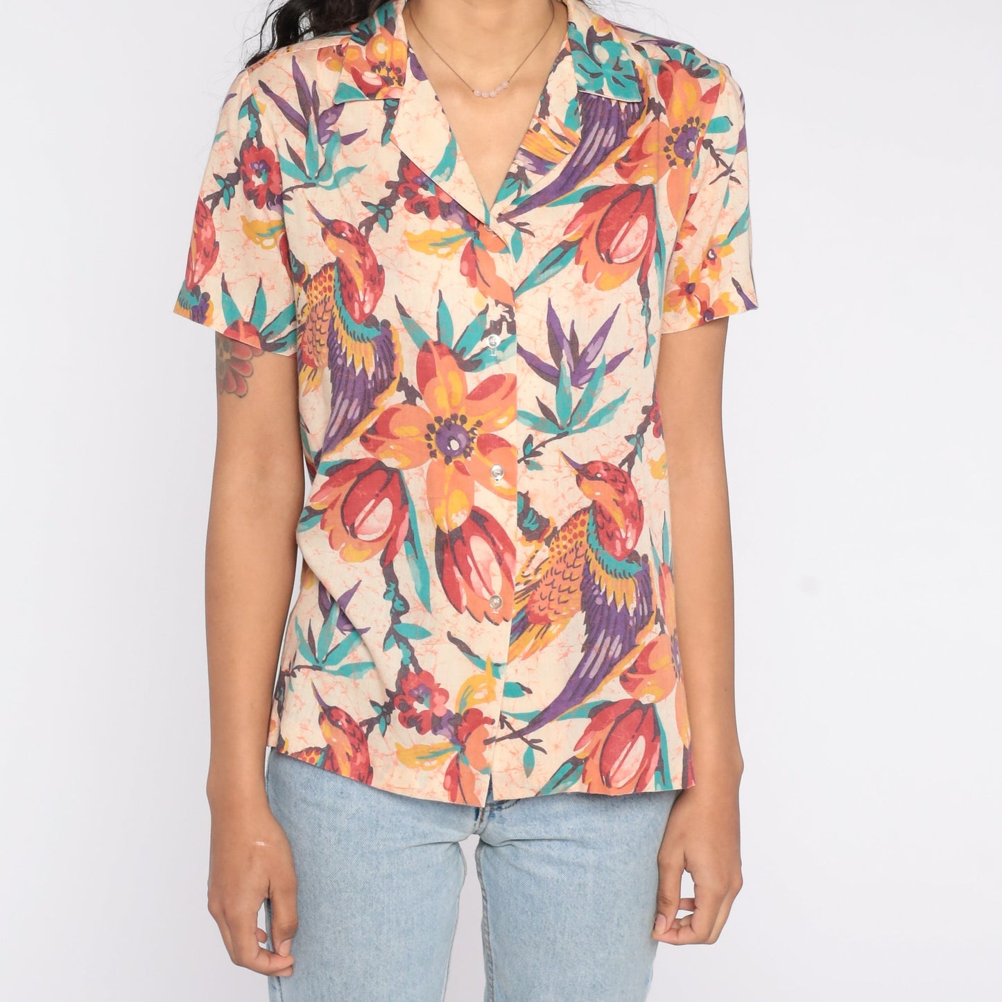 90s Tropical Floral Bird Print Button-Up Blouse Short Sleeve Rayon Medium M