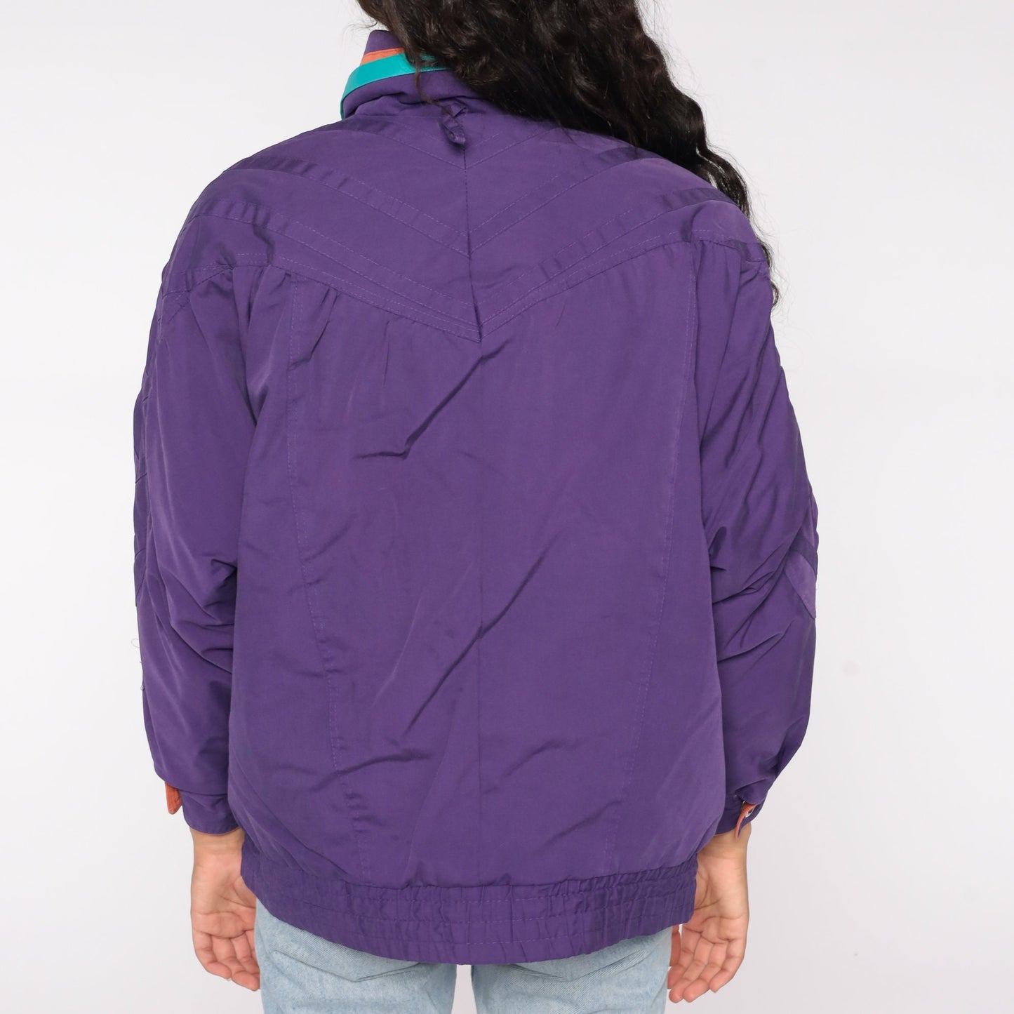 90s Purple Windbreaker Jacket Turquoise Orange Piping Zip Up Medium