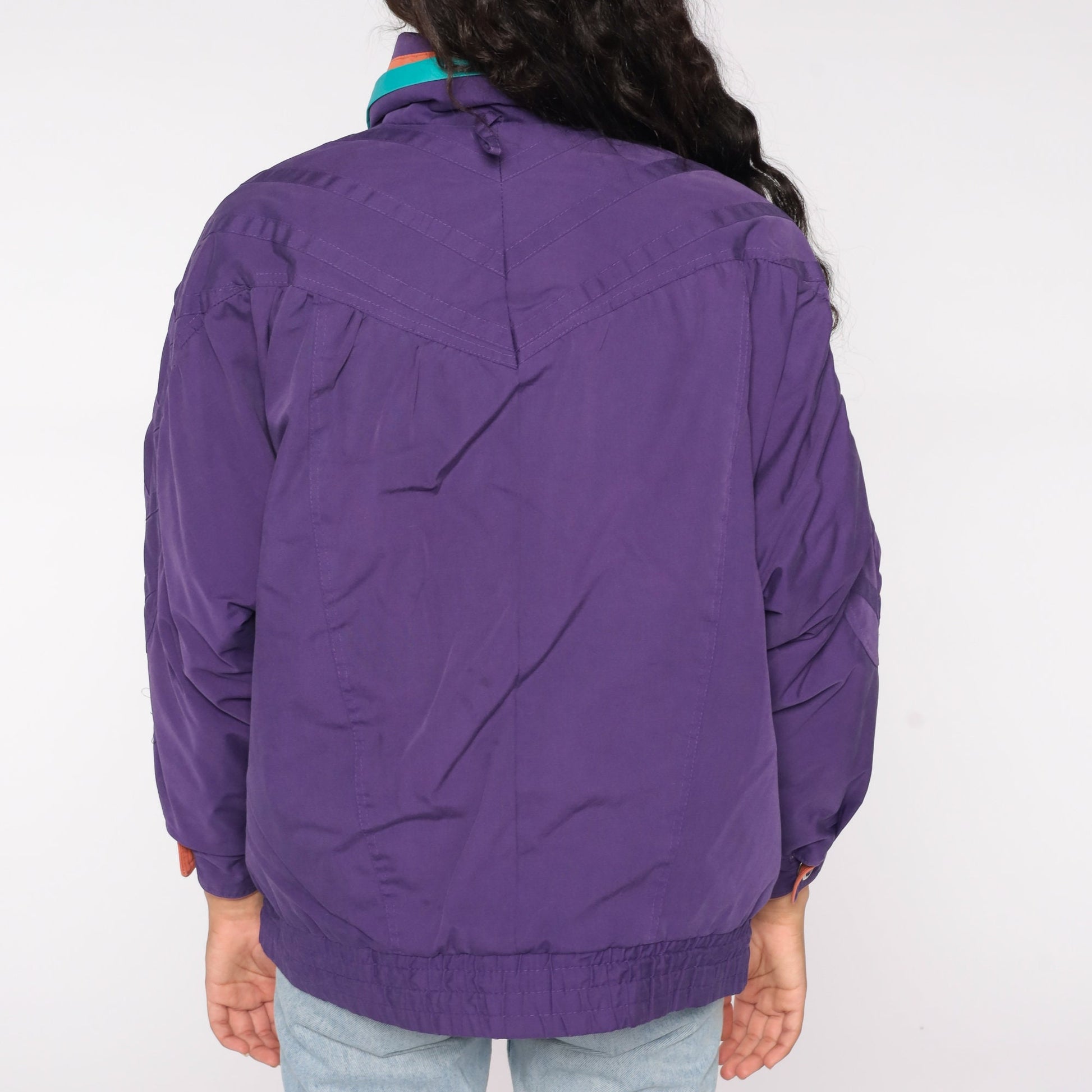 90s Purple Windbreaker Jacket Turquoise Orange Piping Zip Up Medium