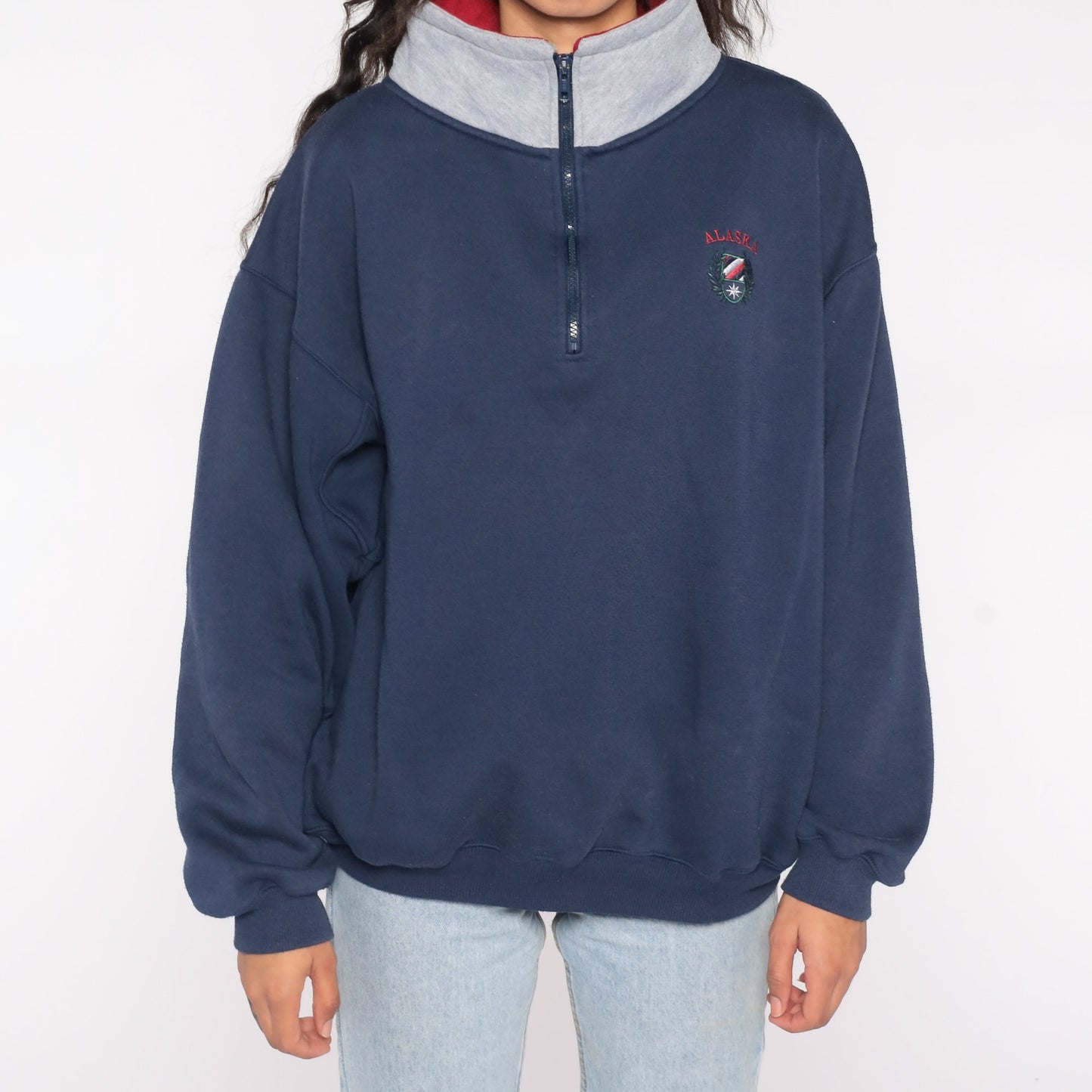 90s Alaska Quarter Zip Sweatshirt Navy Embroidered Logo Grey Collar Large