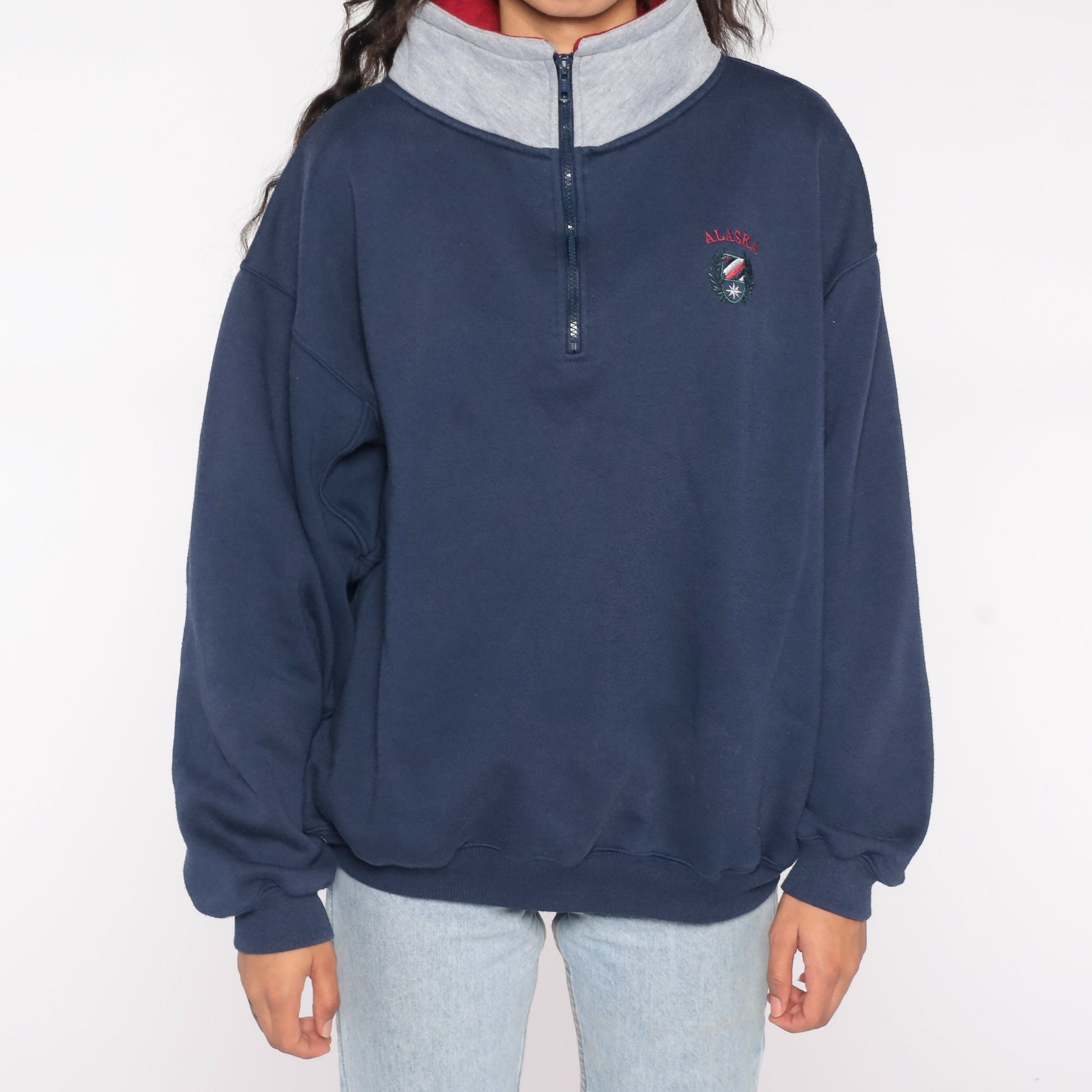 90s Alaska Quarter Zip Sweatshirt Navy Embroidered Logo Grey Collar Large