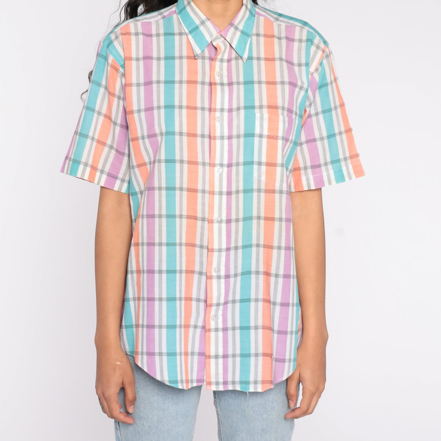 90s Plaid Button Up Shirt Short Sleeve Purple White Checkered Extra Large XL