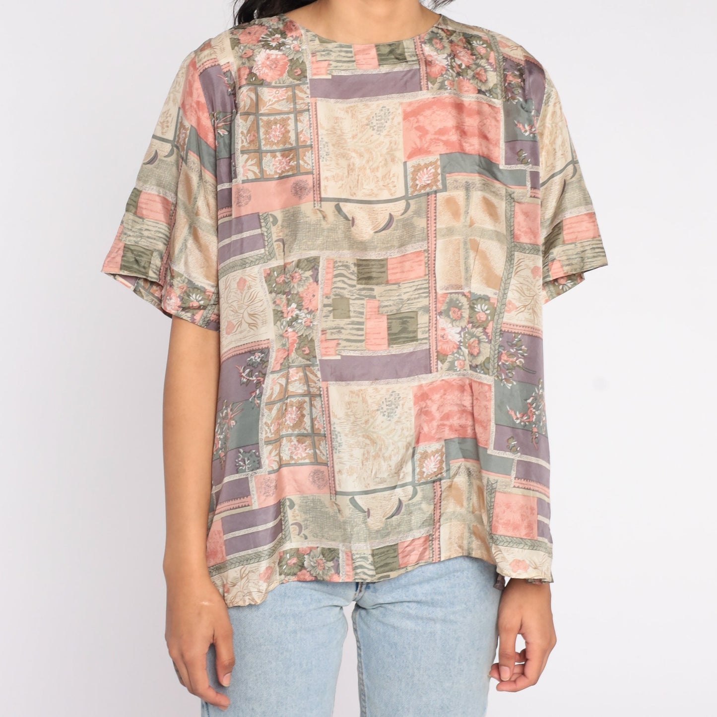 90s Silk Blouse Abstract Floral Patchwork Print Short Sleeve Pink Purple Extra Large XXL