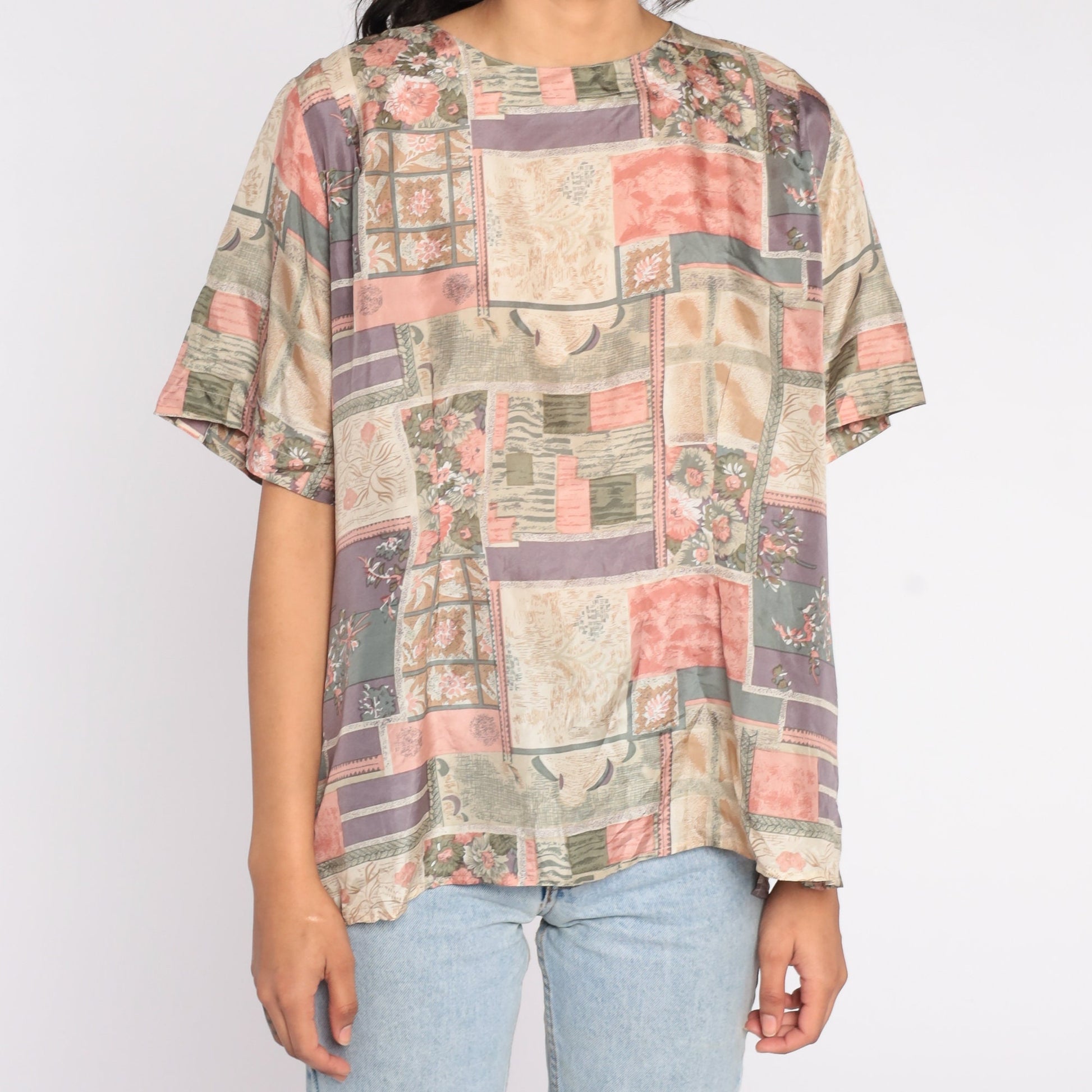 90s Silk Blouse Abstract Floral Patchwork Print Short Sleeve Pink Purple Extra Large XXL