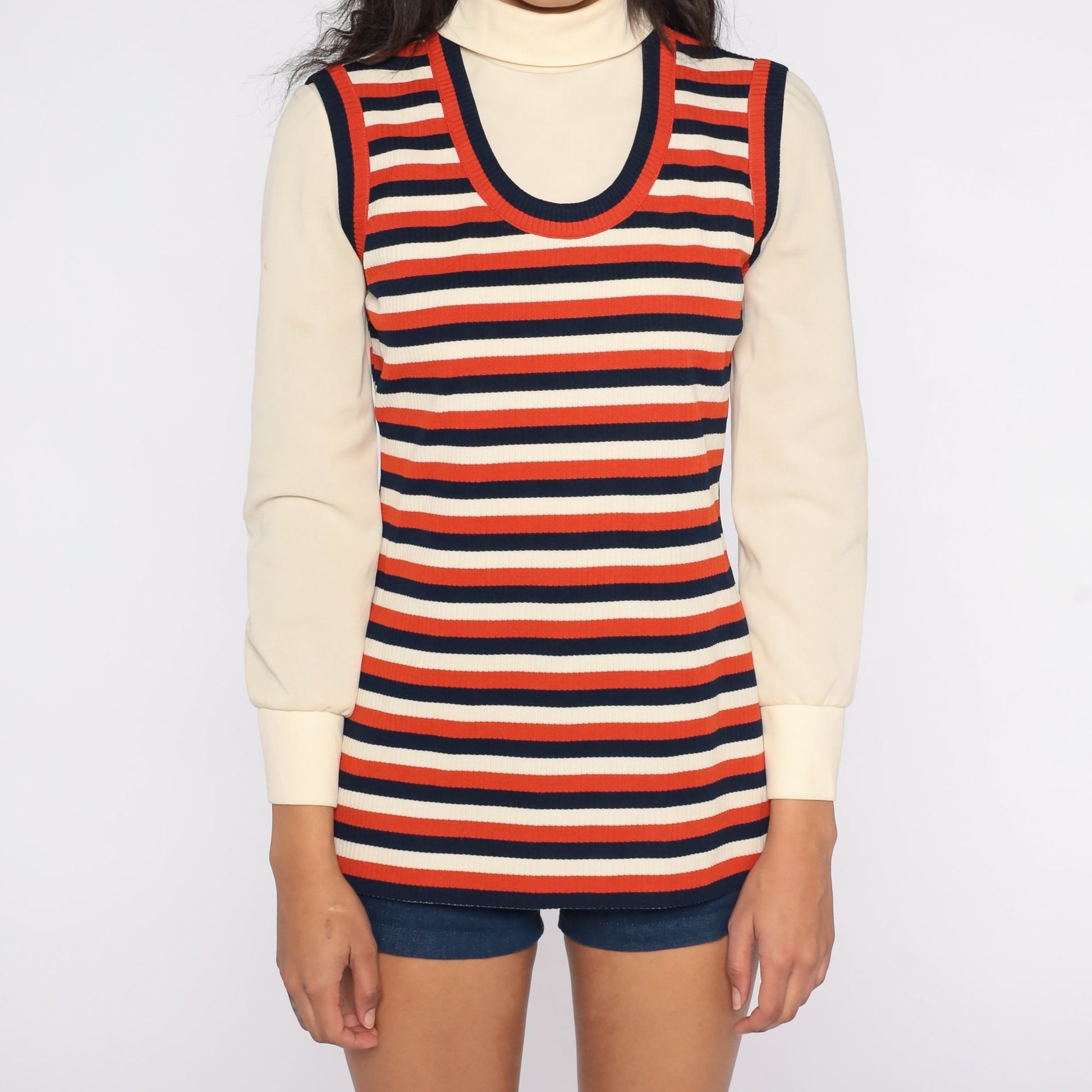70s Cream Turtleneck with Striped Attached Vest Long Sleeve Small