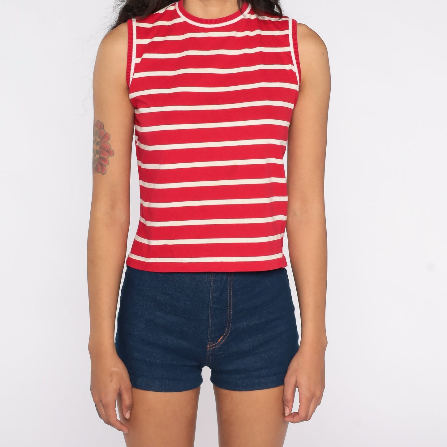 70s Red & White Striped Tank Top Knit Sleeveless Shirt Small S
