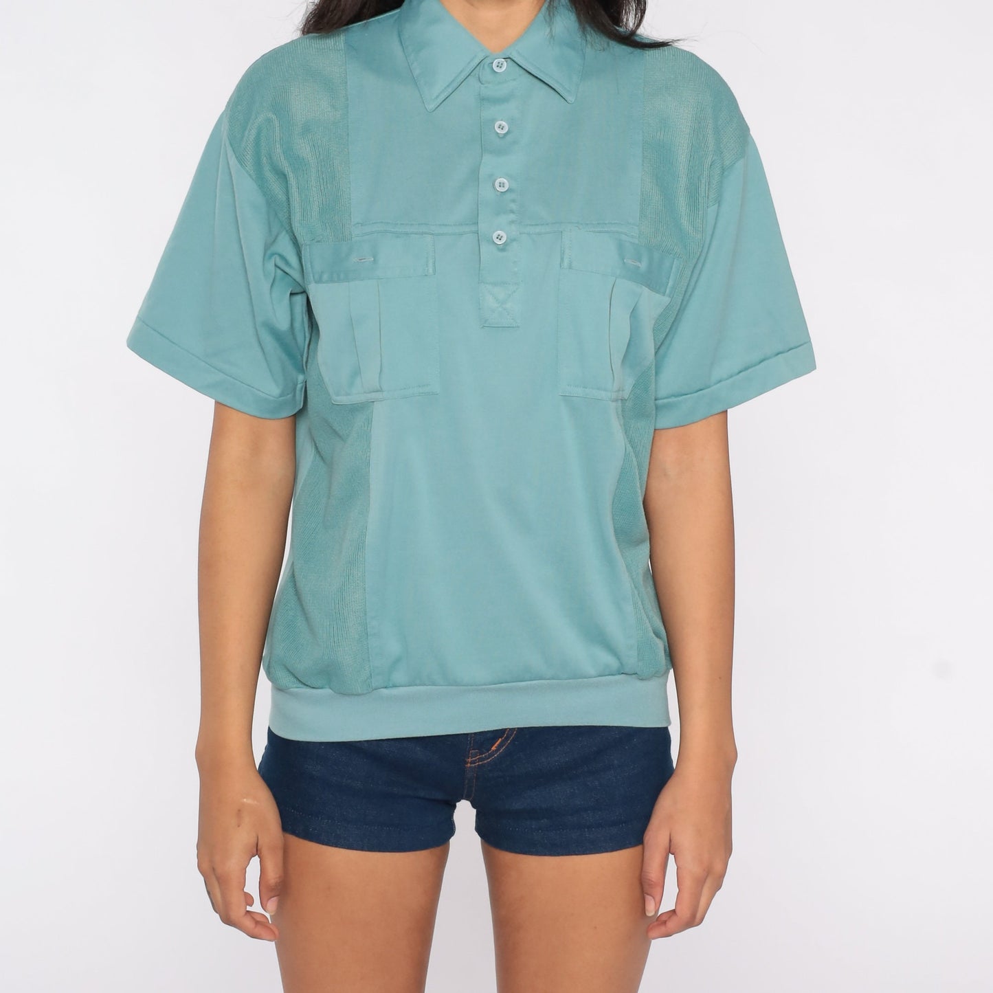 80s Muted Seafoam Polo Shirt Button-Up Short Sleeve Cotton Blend Large