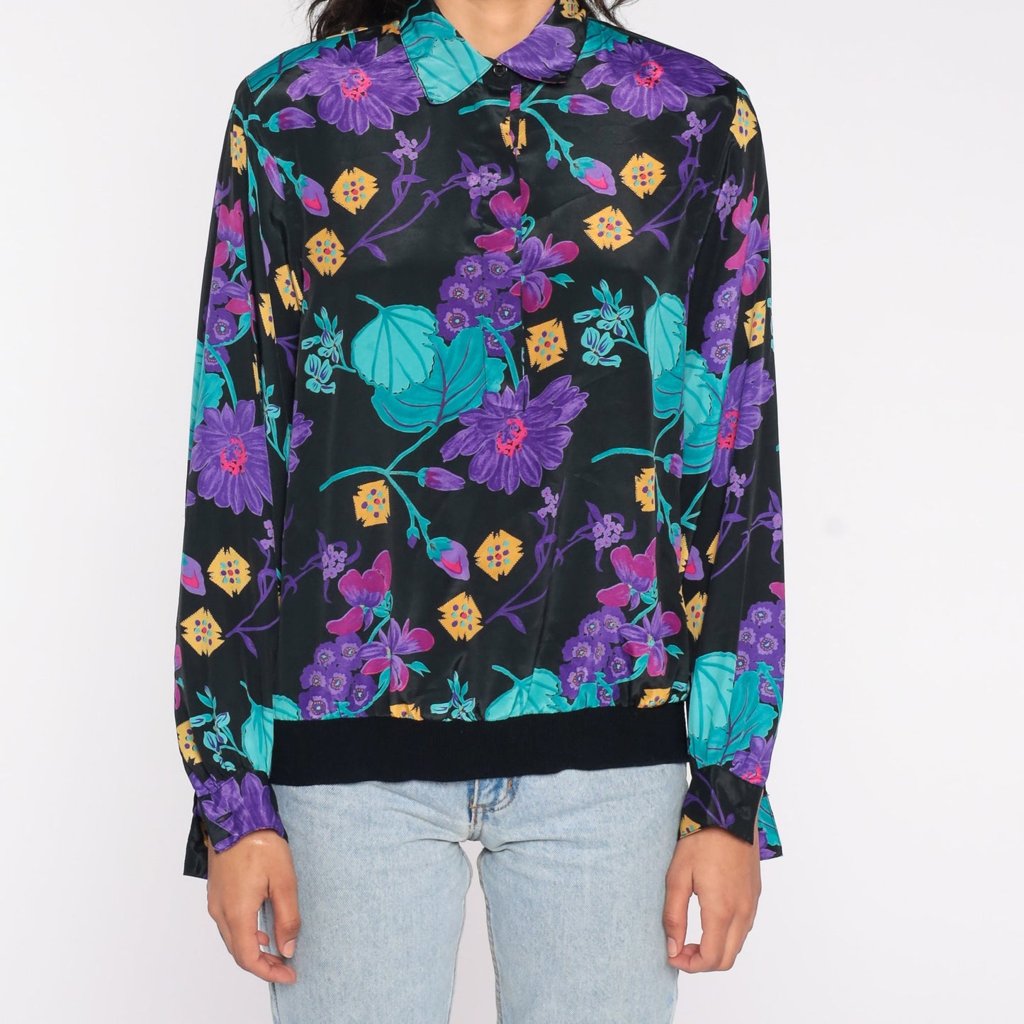 90s Floral Blouse Long Sleeve Collared Shirt Purple Print Banded Hem Large L