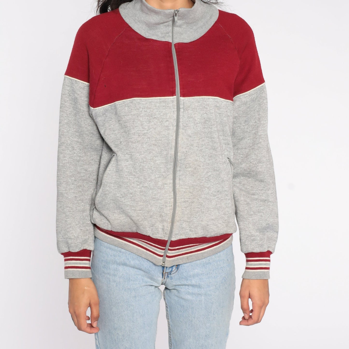80s Track Jacket Red Grey Color Block Zip Up Medium