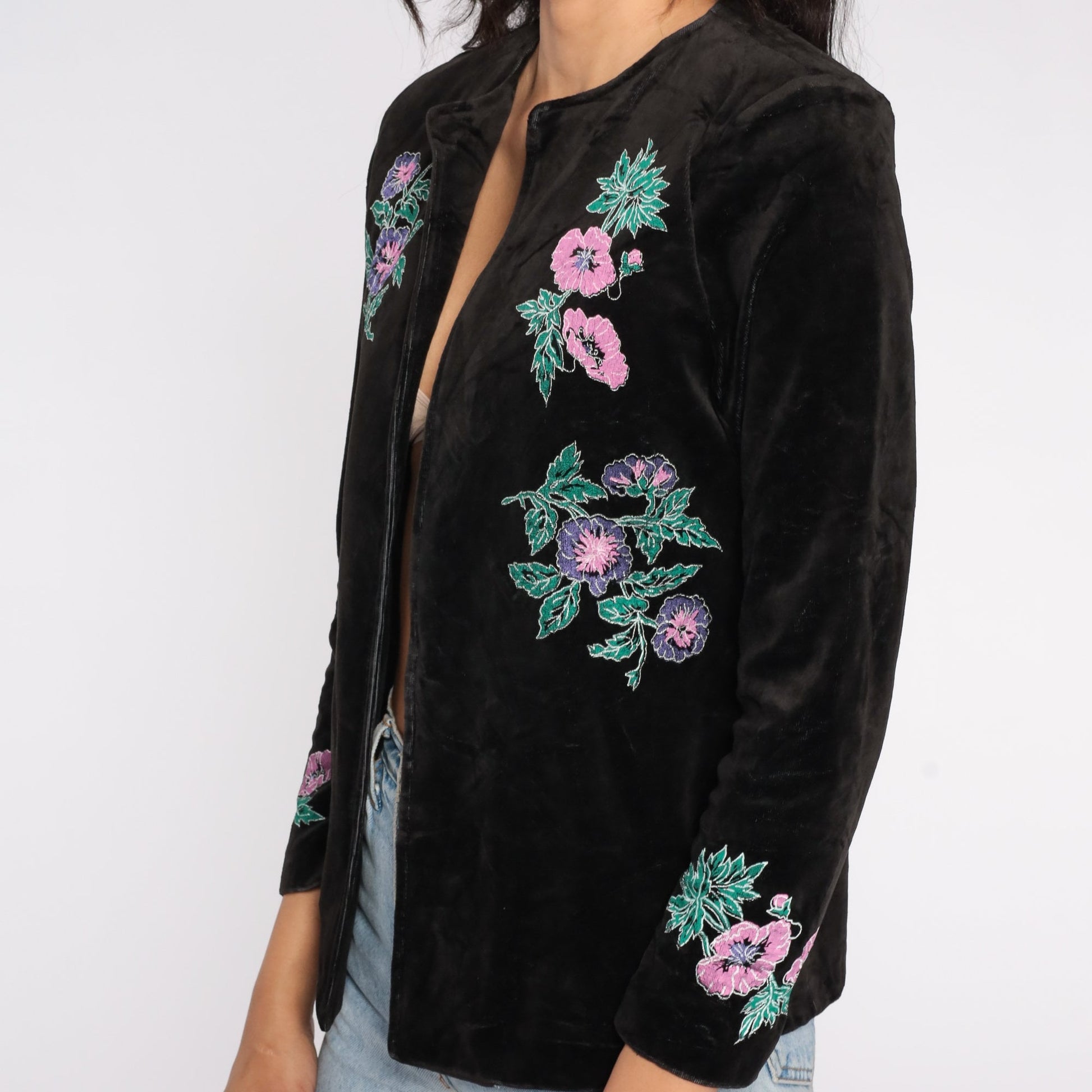 80s Black Velvet Floral Embroidered Open Front Blazer Small