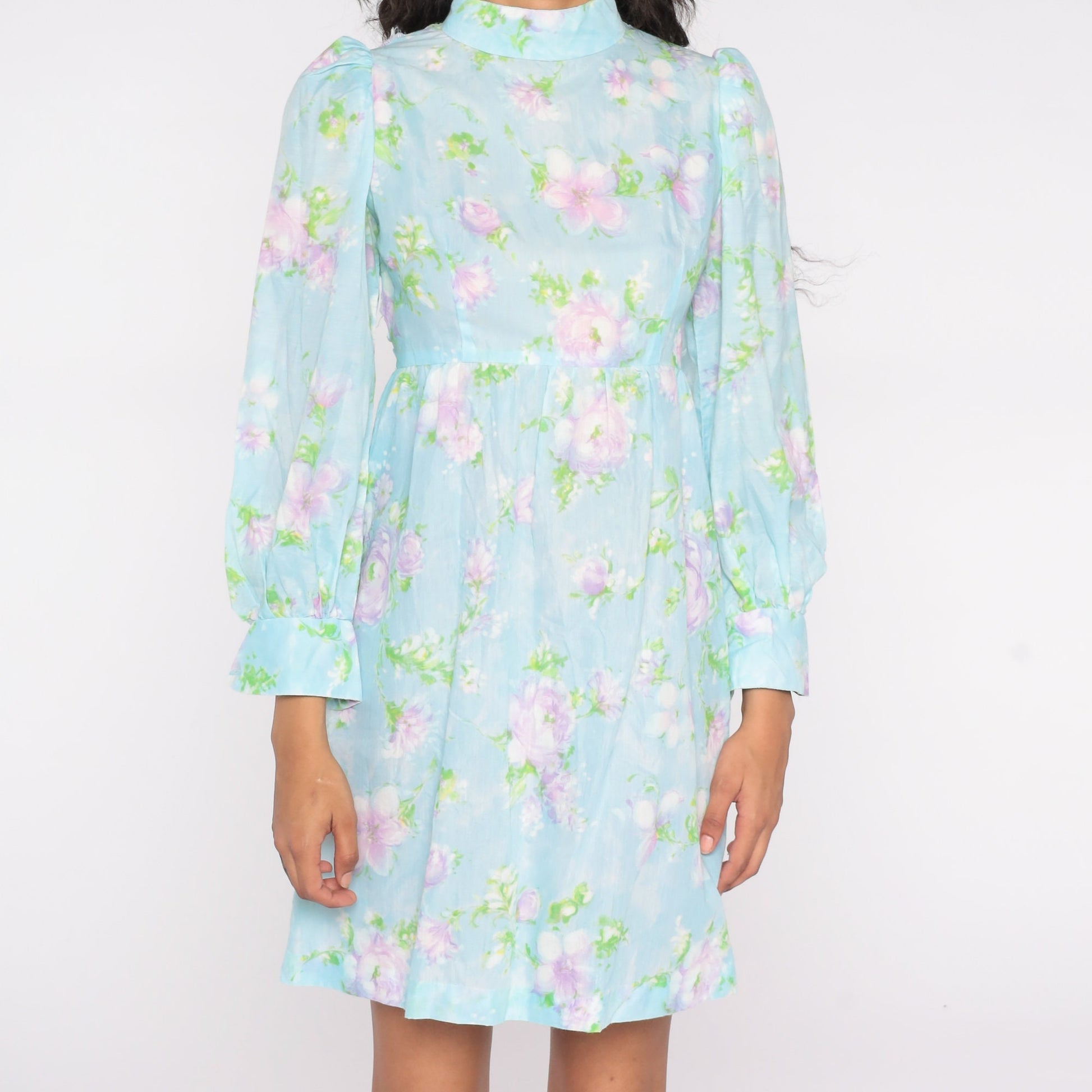 60s Floral Babydoll Dress Baby Blue Mock Neck Puff Sleeve Mini Small S