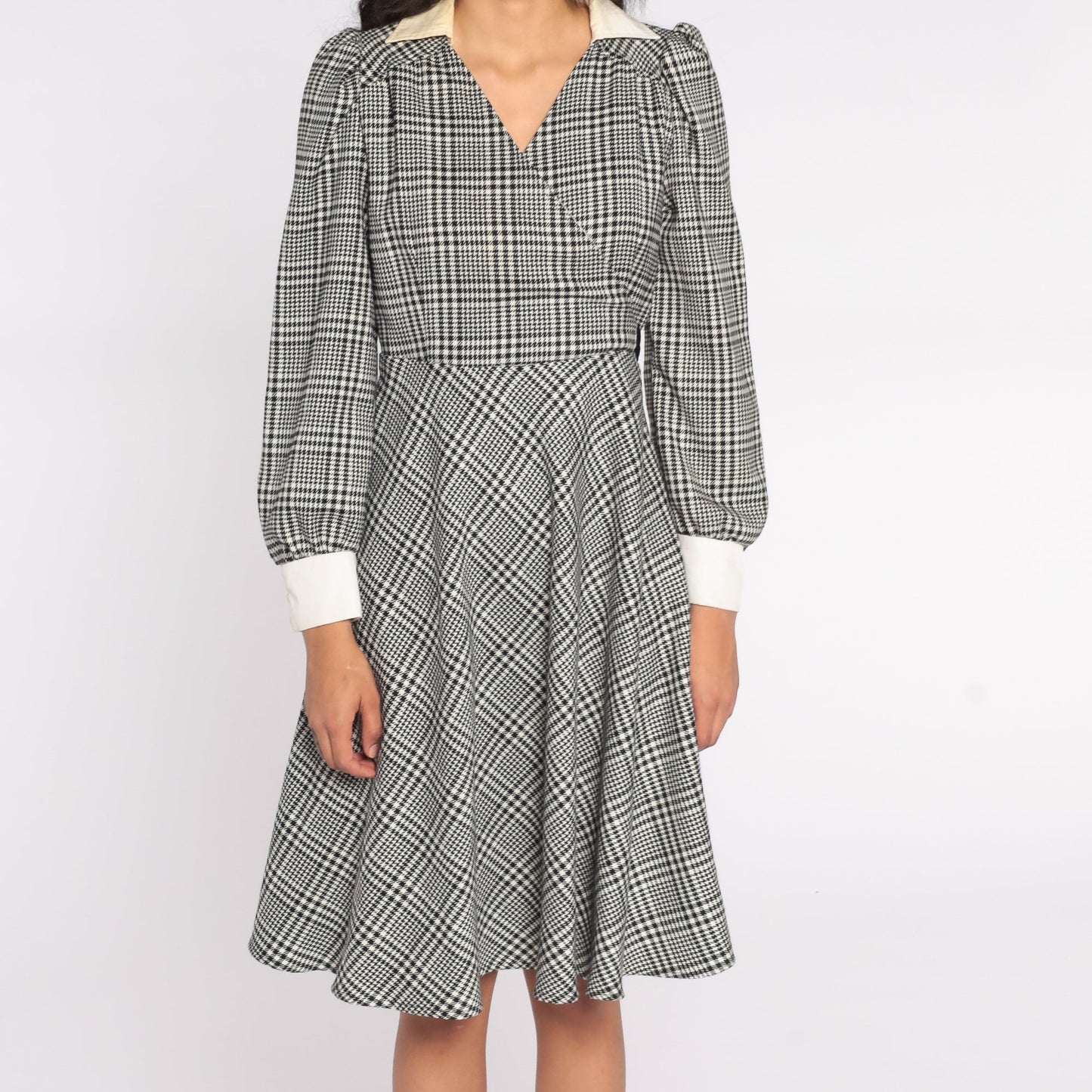 70s Black White Plaid Midi Dress Puff Sleeve Collar Tie Back Medium