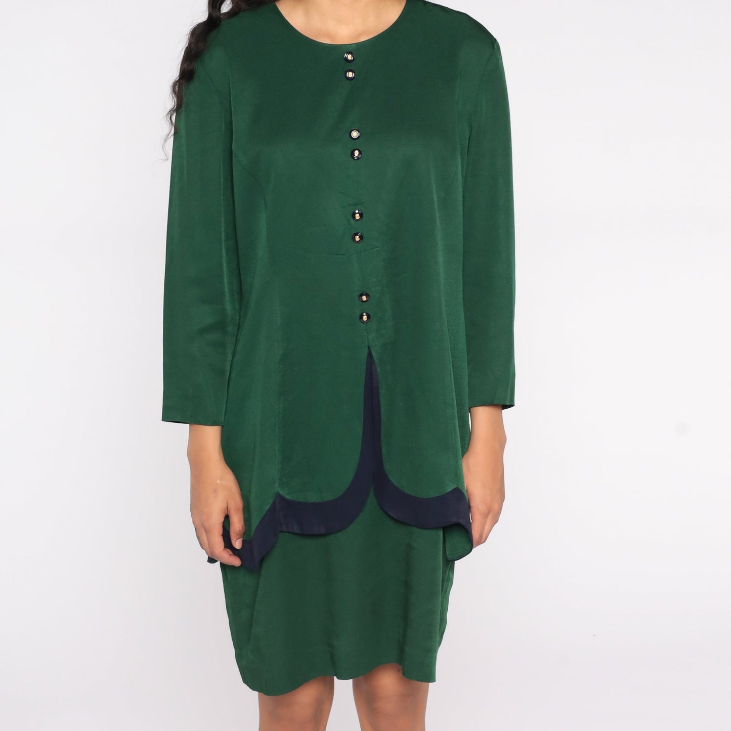 80s Green Midi Shirt Dress Button-Up Long Sleeve Peplum Navy Detail Extra Large XL