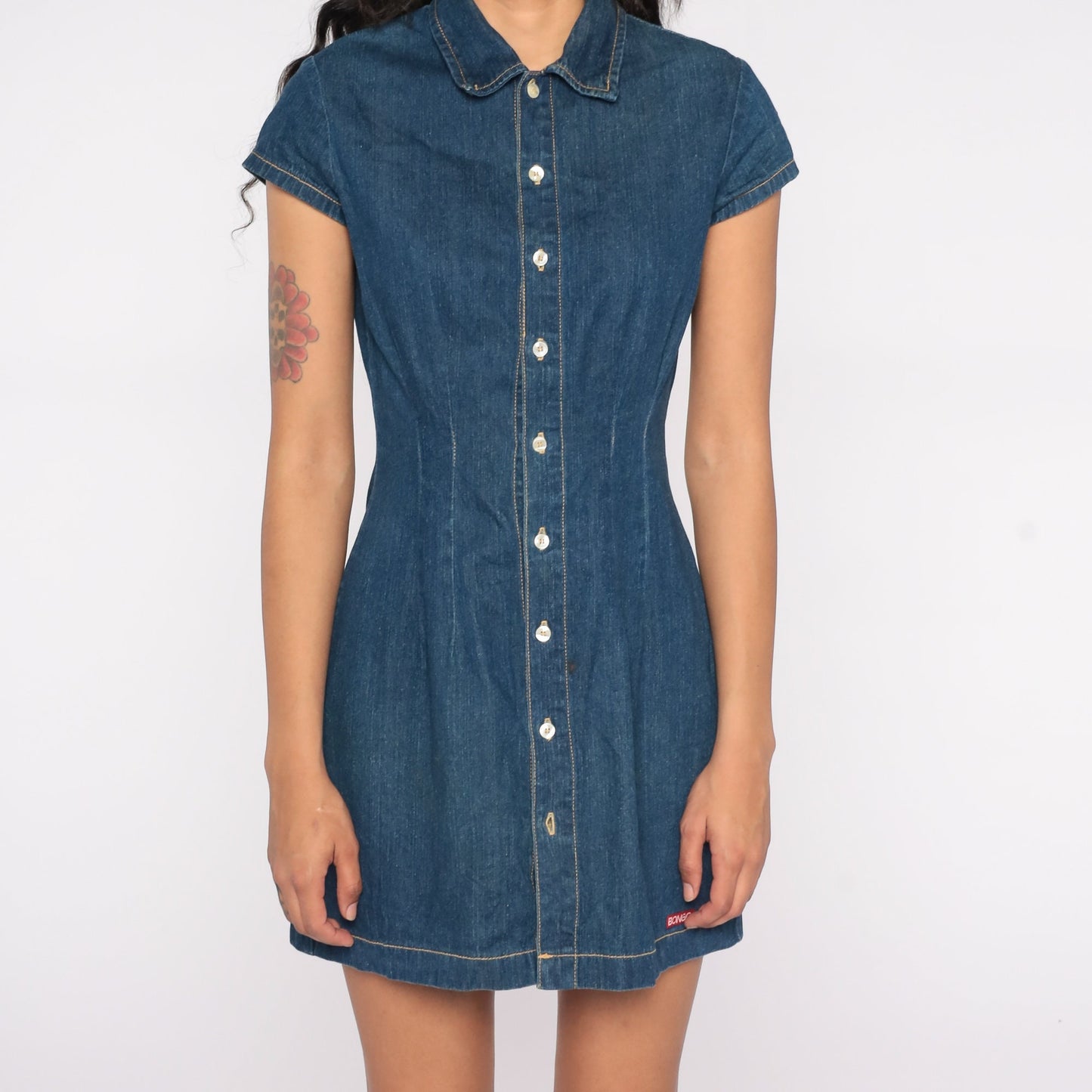 90s Bongo Denim Mini Dress Dark Blue Button-Up Collar Short Sleeve Extra Small XS