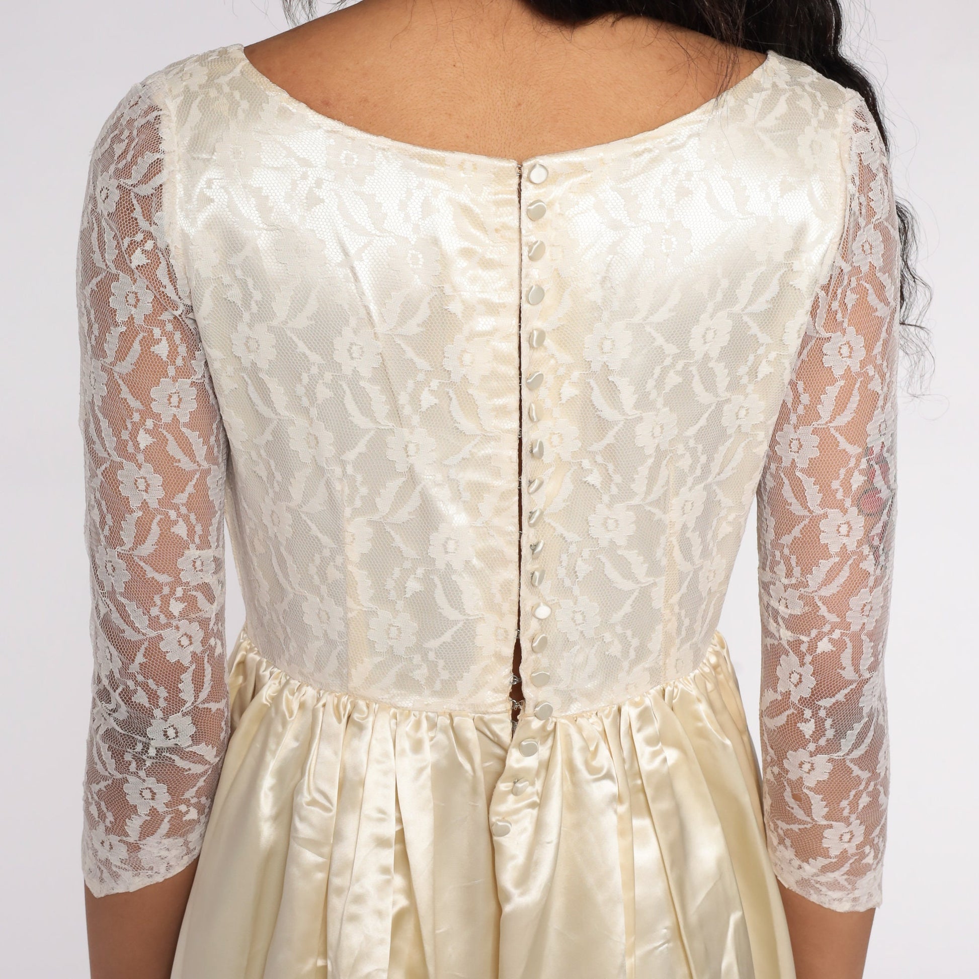 1960s Cream Lace Wedding Dress Basque Waist Maxi Small