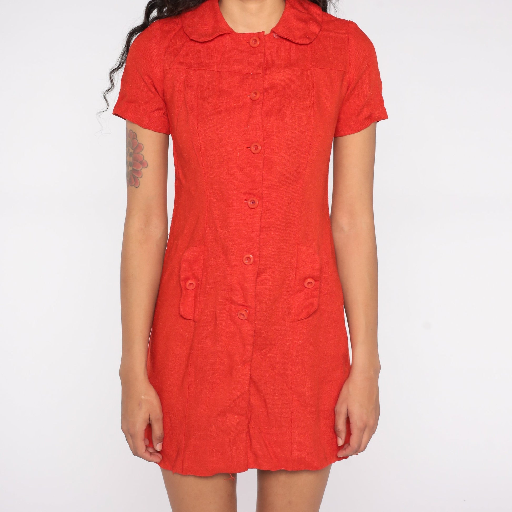 60s Red Mini Dress Peter Pan Collar High Waisted Button Front Small