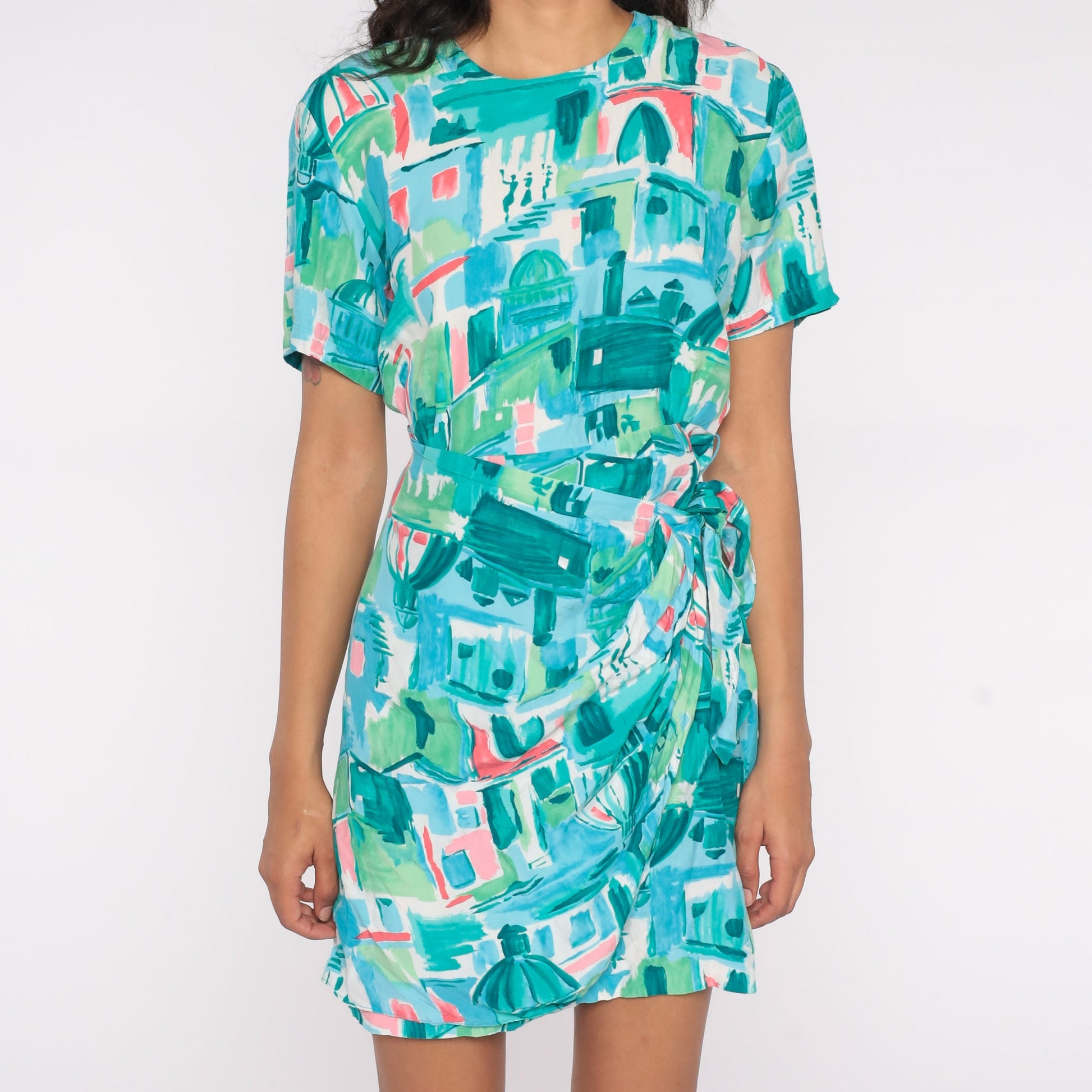 80s Blue City Print Wrap Dress Mini Short Sleeve Medium