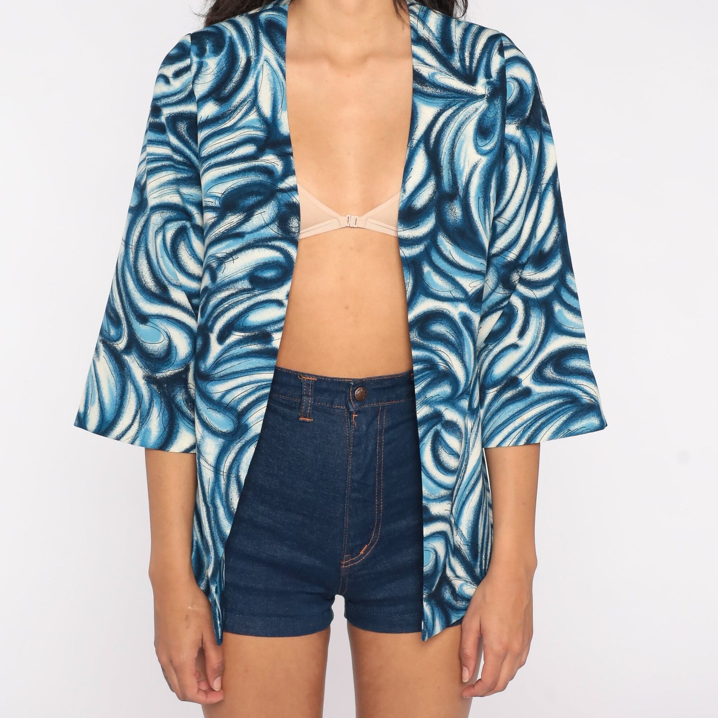 70s Blue Swirl Print Open Front Jacket Small