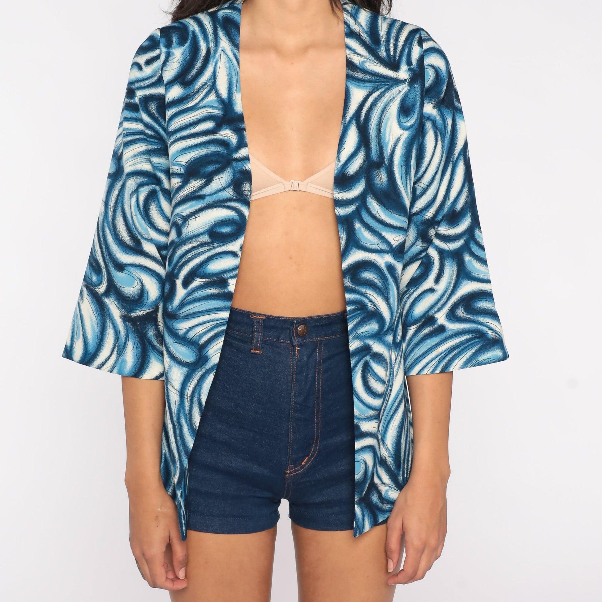 70s Blue Swirl Print Open Front Jacket Small