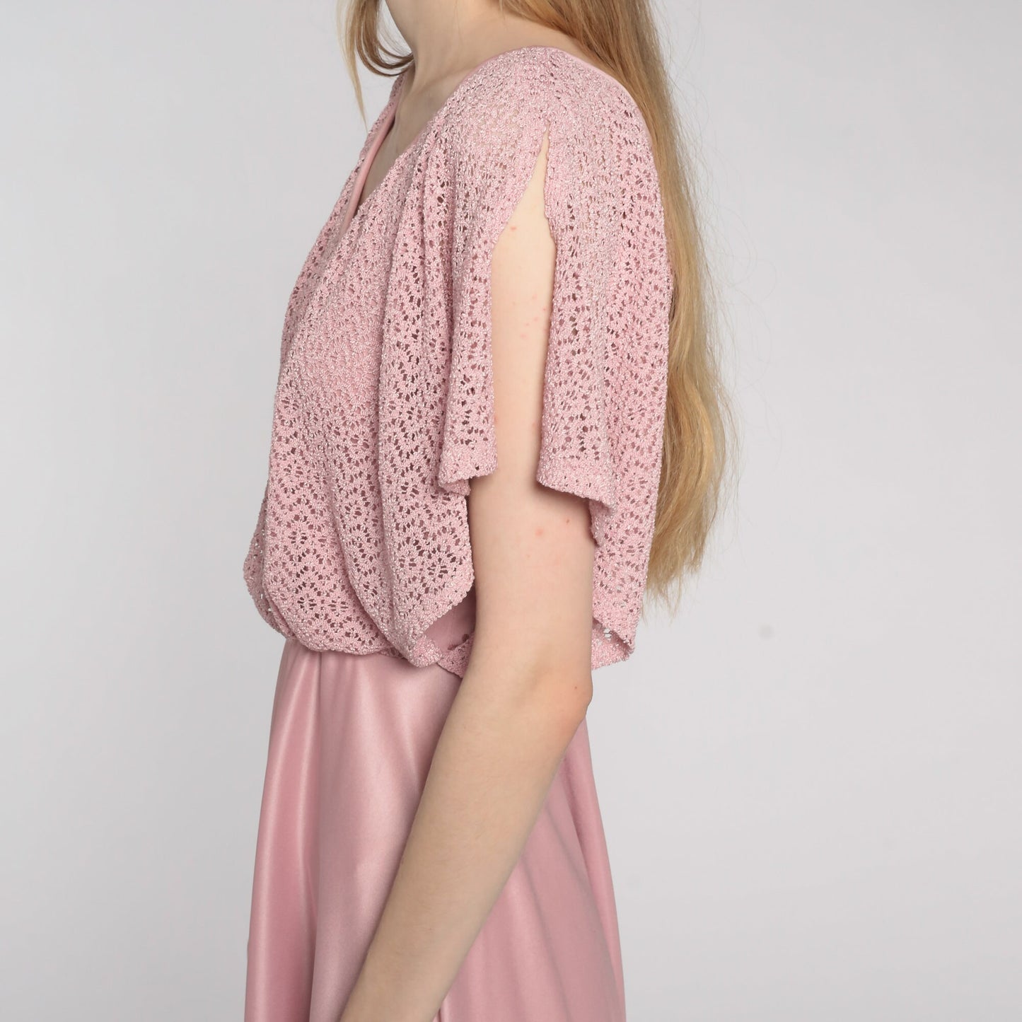 70s Pink Crochet Midi Dress Flutter Sleeve High Waist V Neck Small