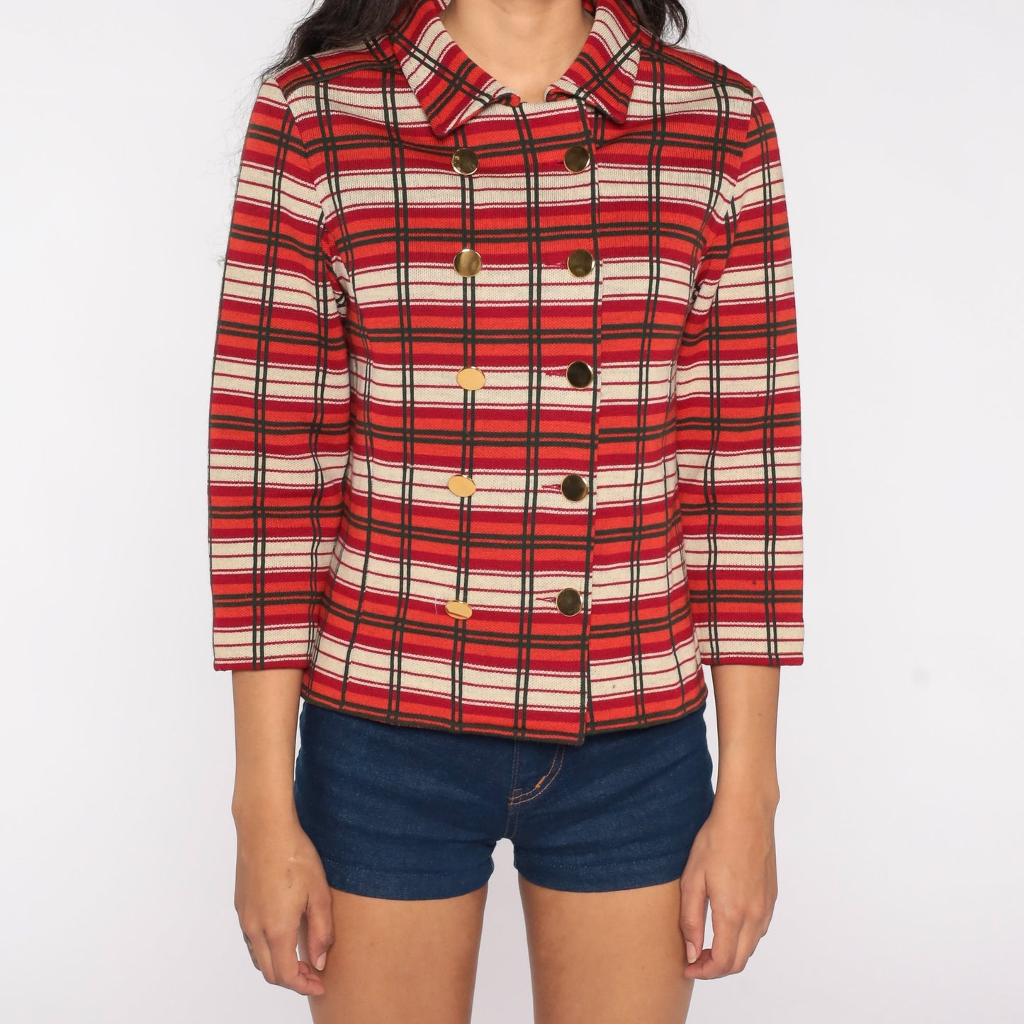 60s Plaid Wool Jacket Cropped Double Breasted Orange Red Mod Small