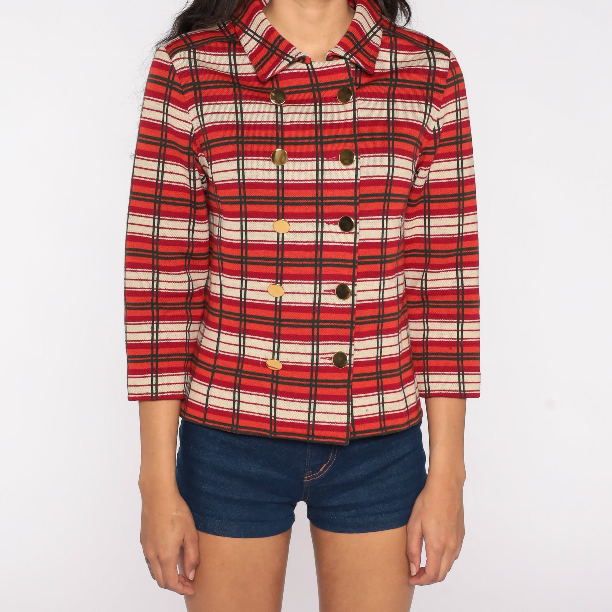 60s Plaid Wool Jacket Cropped Double Breasted Orange Red Mod Small