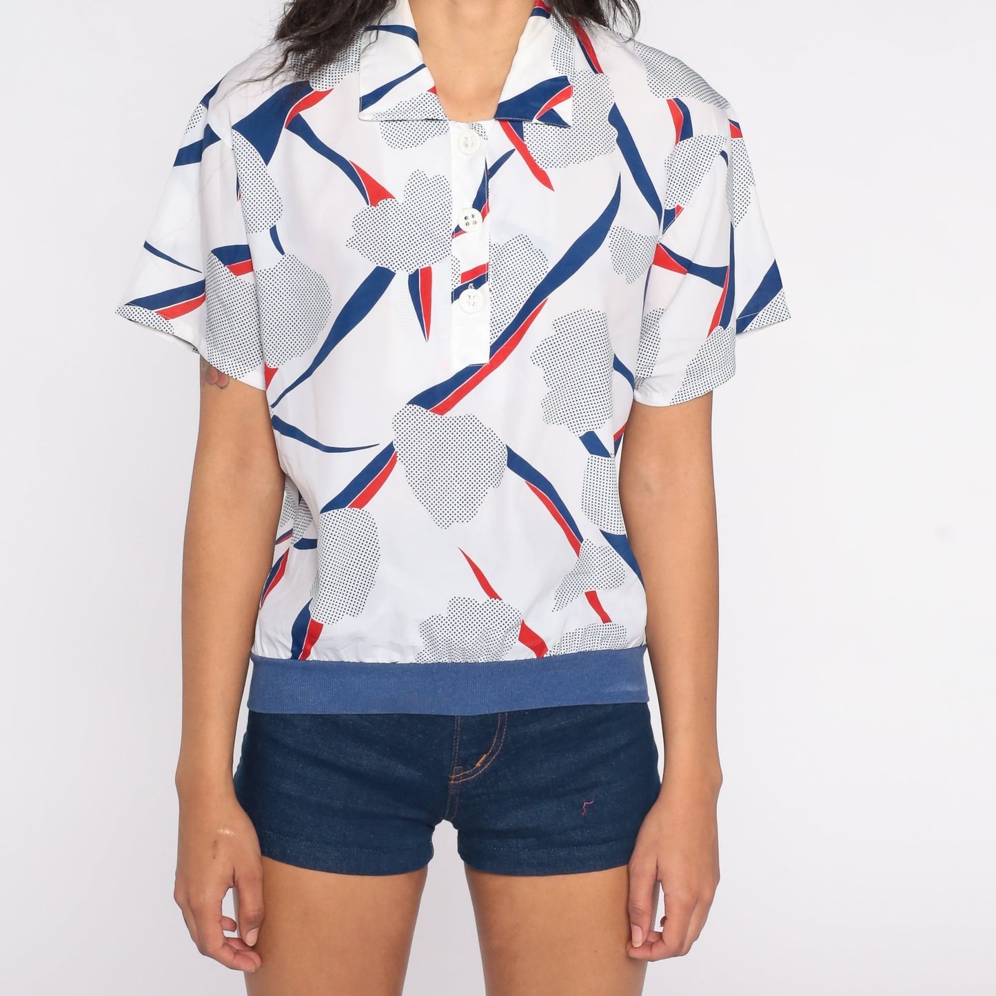 80s Abstract Floral Polo Shirt White Blue Button Up Short Sleeve Small