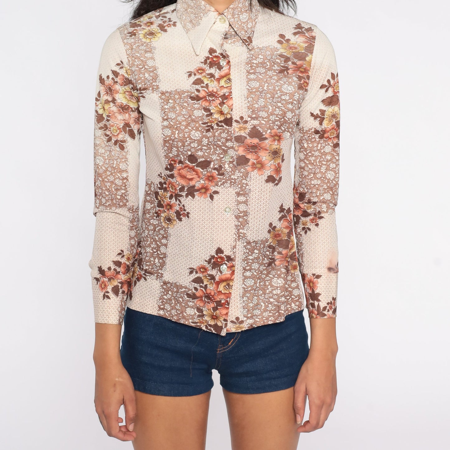 70s Brown Floral Button-Up Shirt Pointed Collar Long Sleeve Extra Small