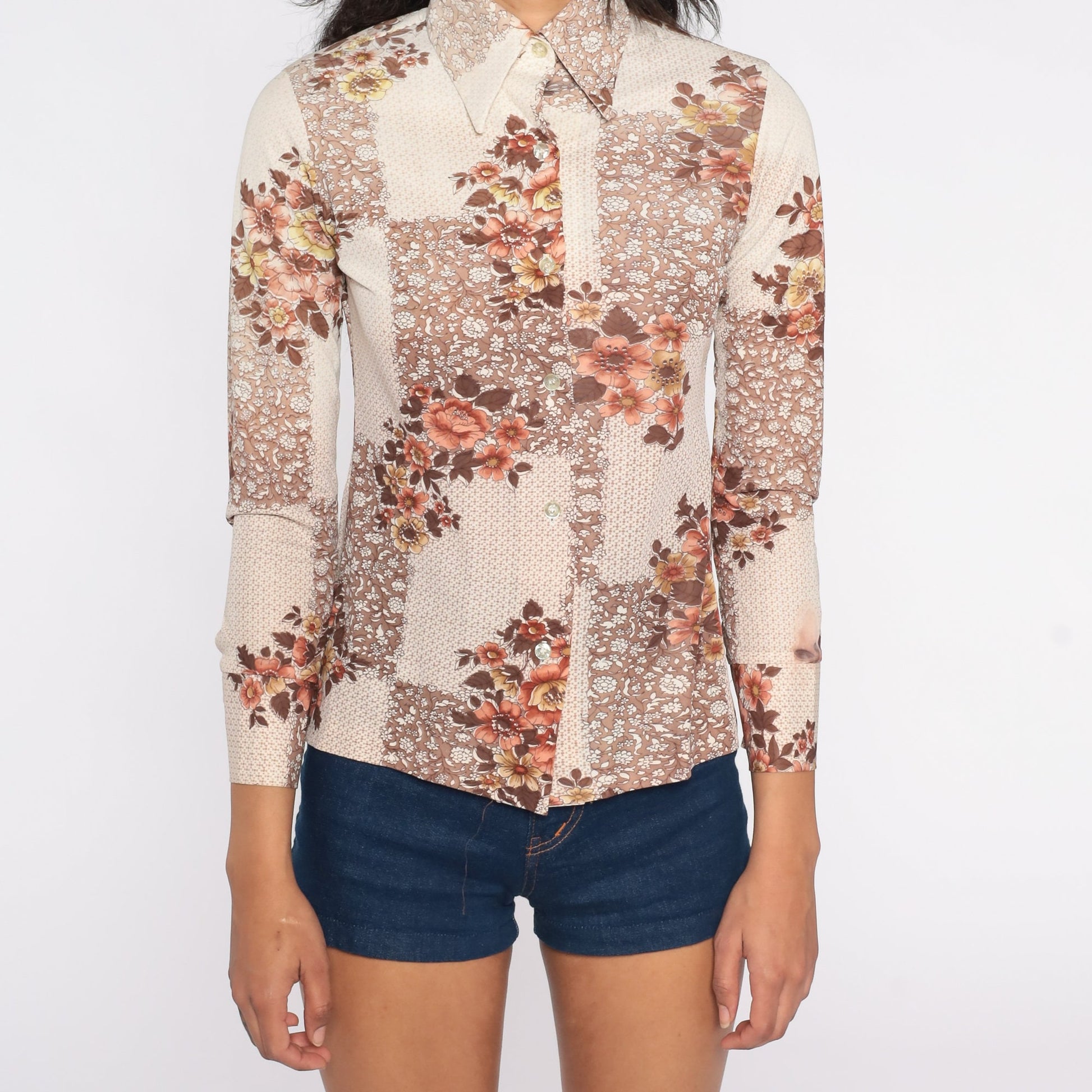 70s Brown Floral Button-Up Shirt Pointed Collar Long Sleeve Extra Small