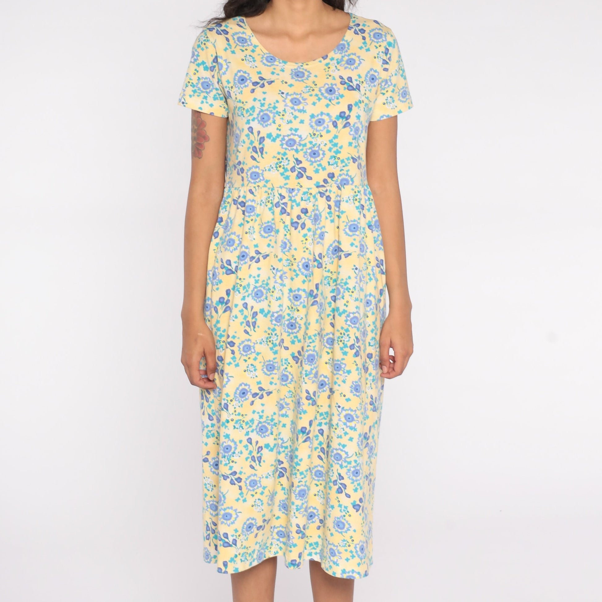80s Yellow Blue Floral Midi Dress Cotton Short Sleeve High Waist Small S