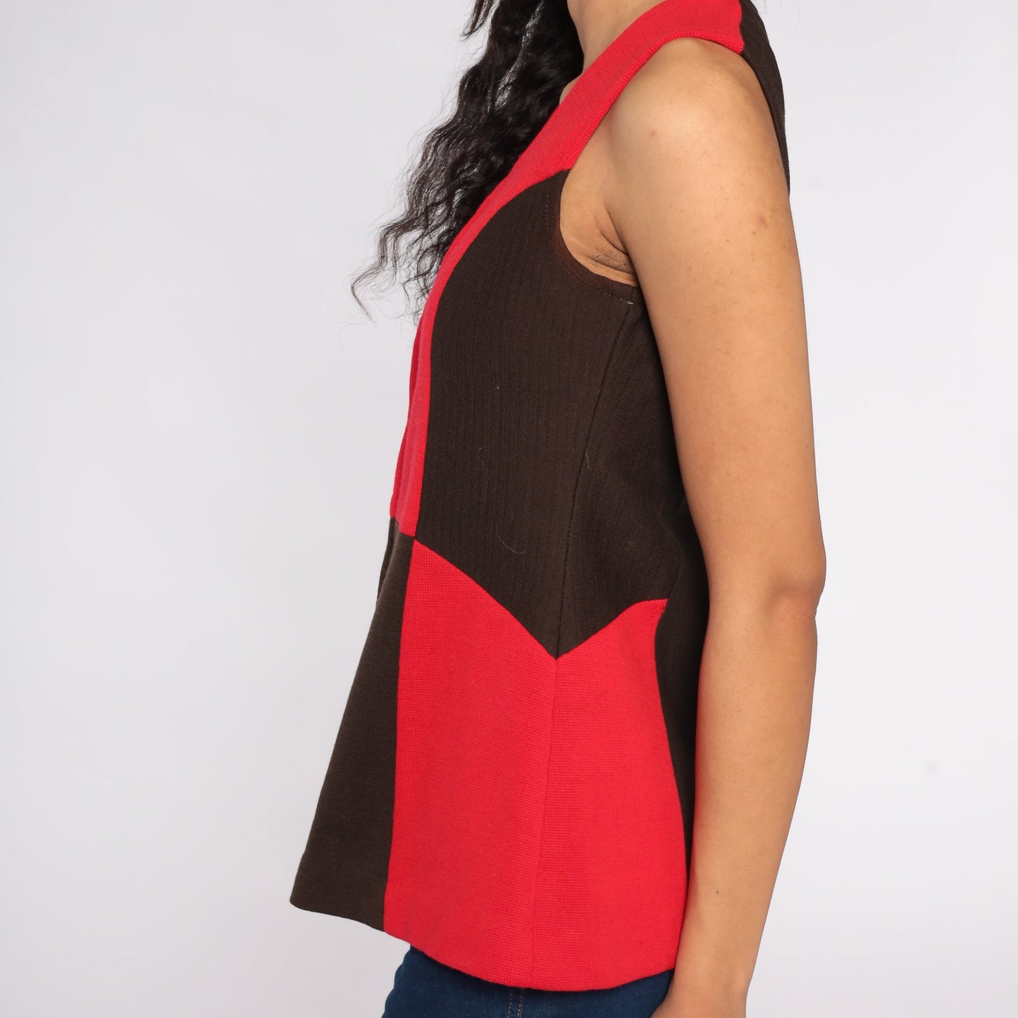 60s Mod Color Block Tank Top Zip Front Red Black Sleeveless Small