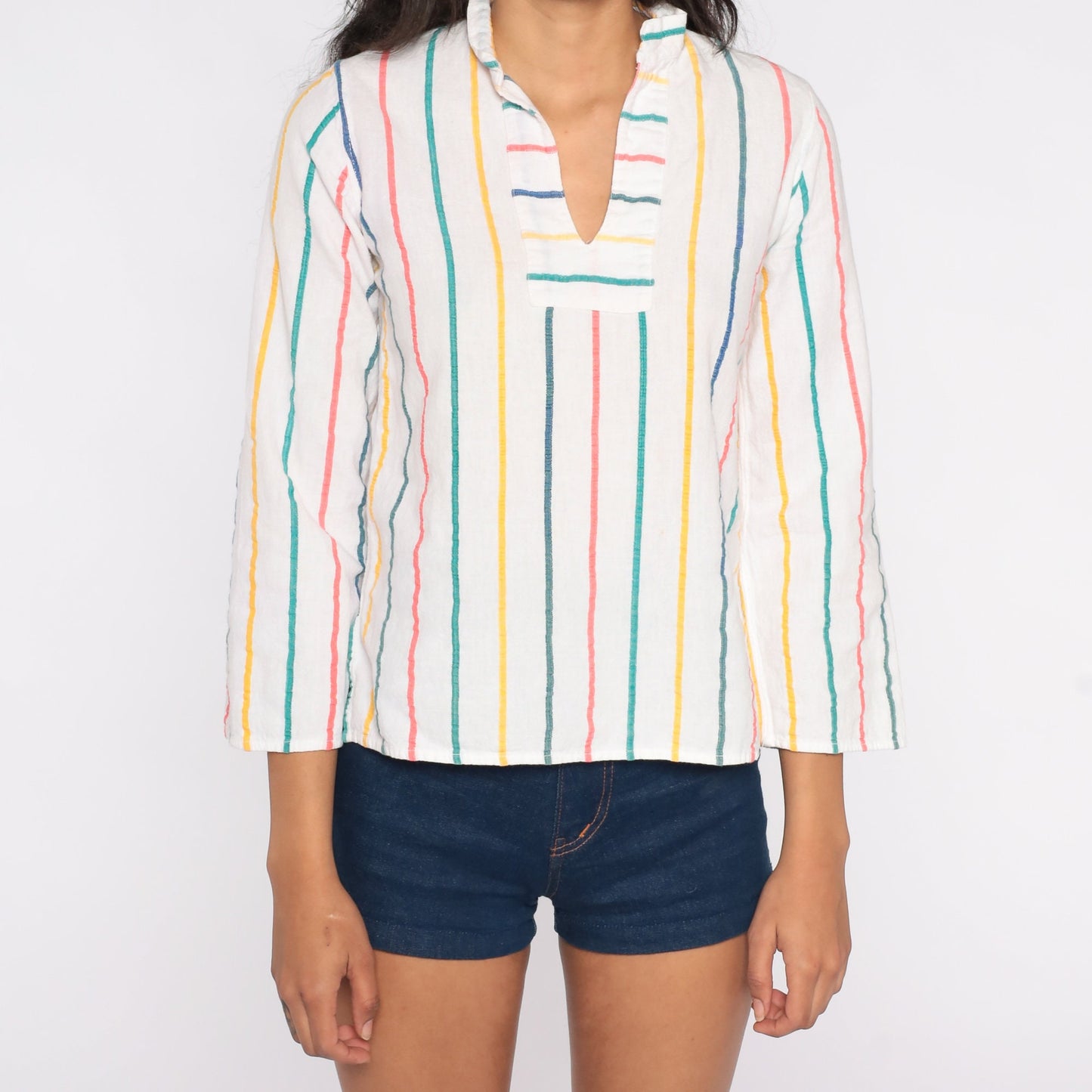 70s Cotton Striped Tunic Top White V-Neck Long Sleeve Extra Small