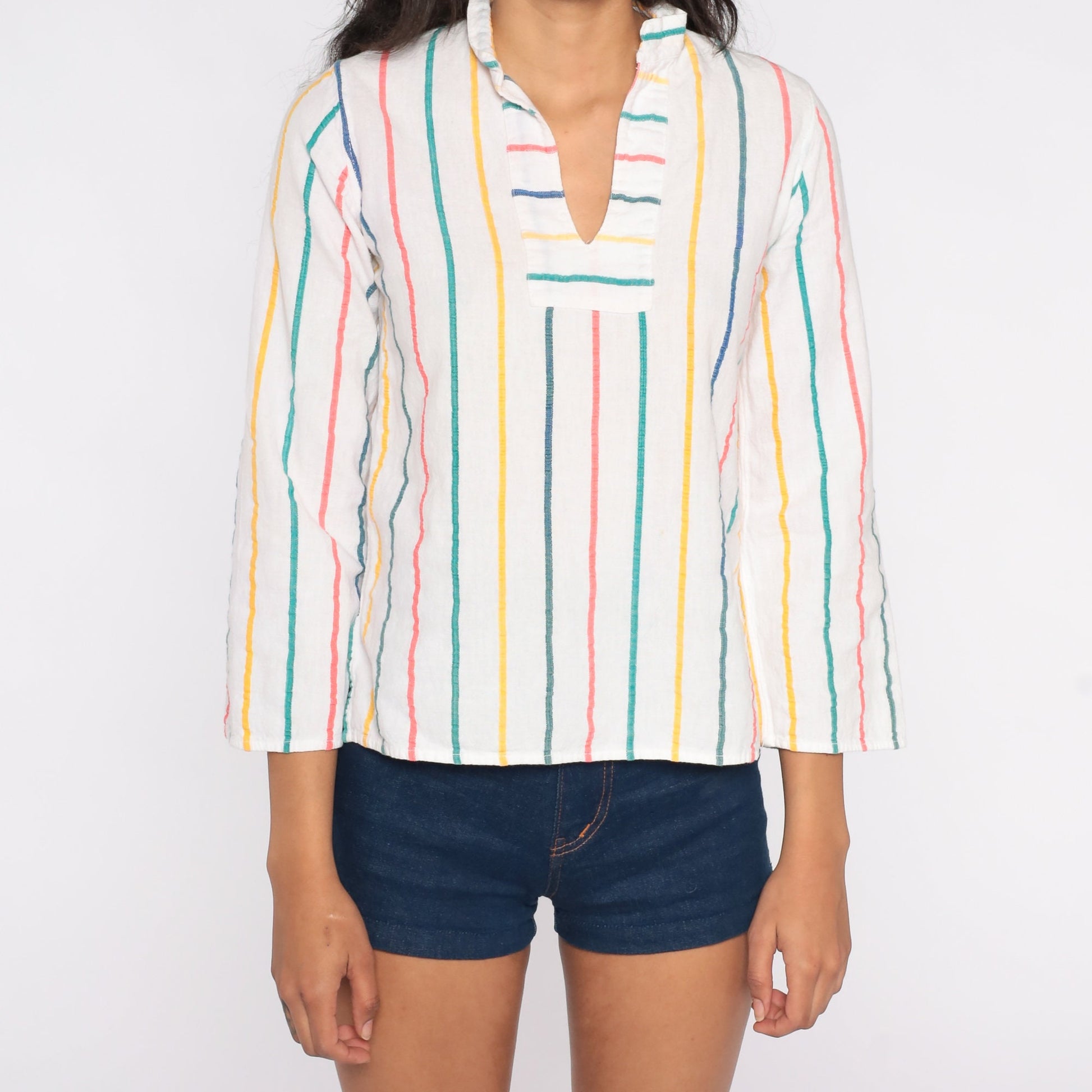 70s Cotton Striped Tunic Top White V-Neck Long Sleeve Extra Small
