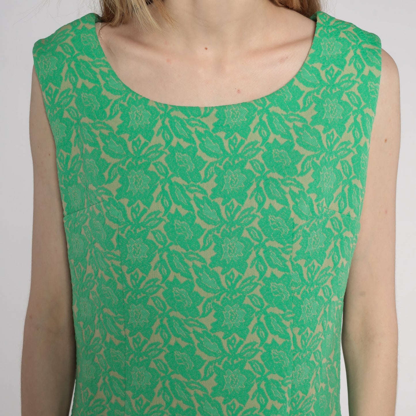 60s Floral Mini Dress Green Drop Waist Pleated Sleeveless Mod Medium Large